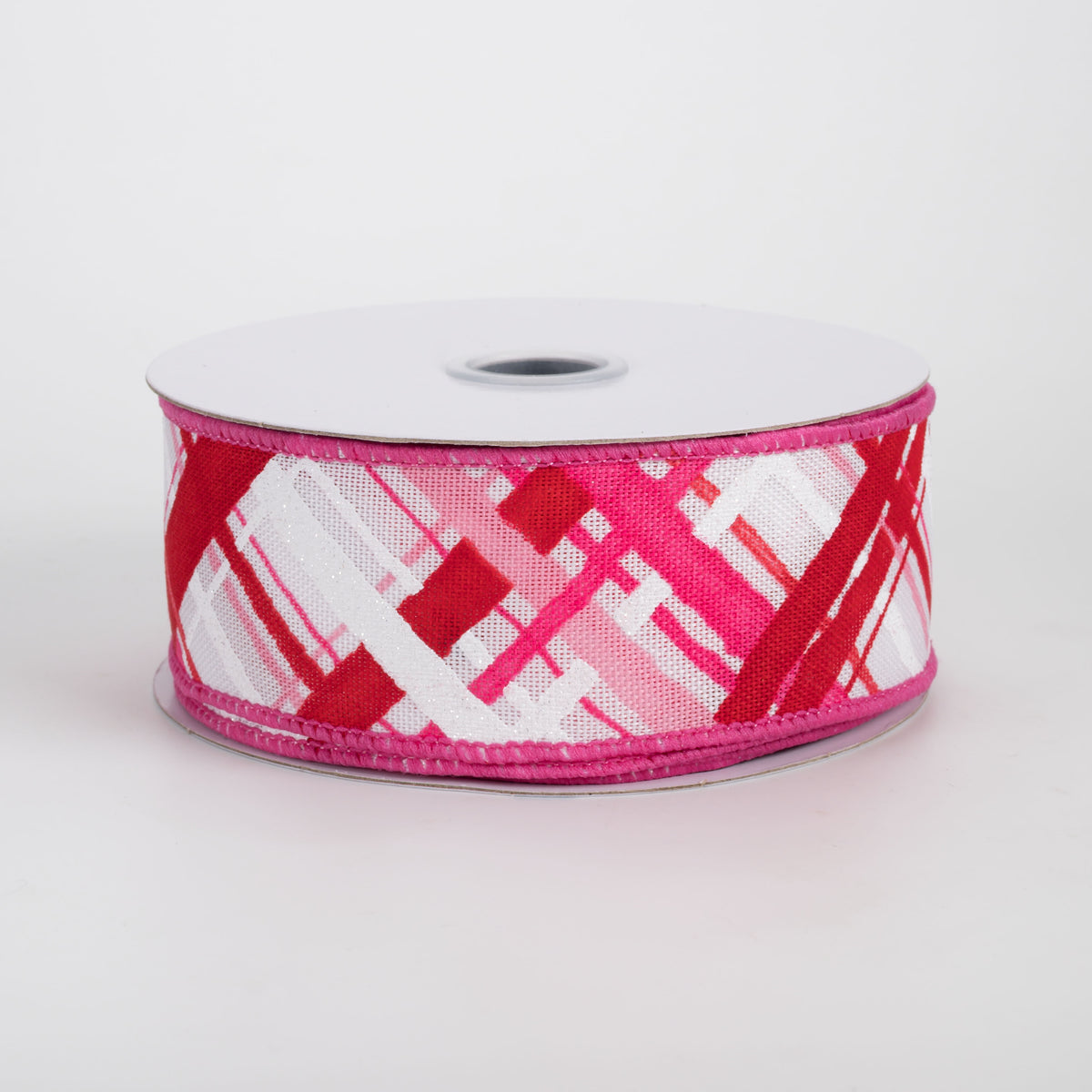 1.5" Diagonal Painted Plaid Ribbon: White, Pinks, Red (10 Yards)