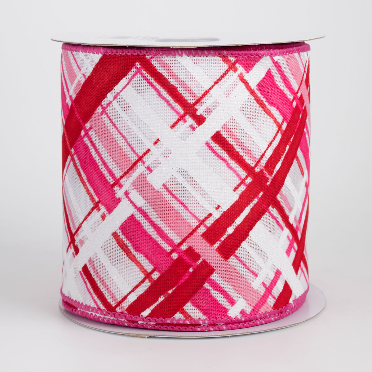 4" Diagonal Painted Plaid Ribbon: White, Pinks, Red (10 Yards)
