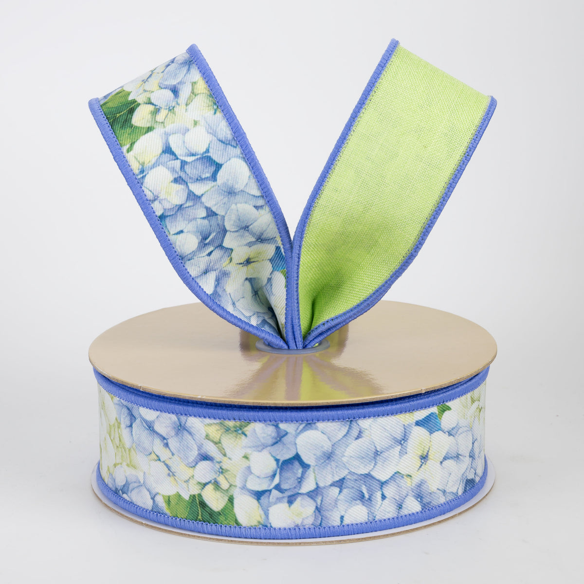 1.5" Double Sided Fused Hydrangeas Ribbon: Blue & Green (10 Yards)
