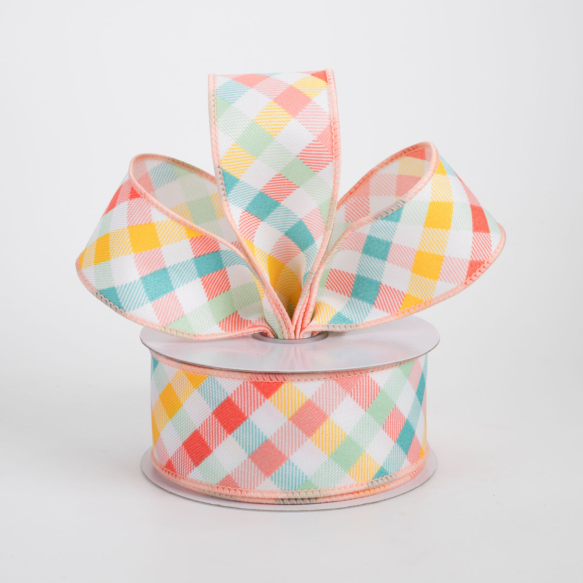 1.5" Multicolor Plaid on Diagonal Weave Ribbon: Bright Pastels (10 Yards)