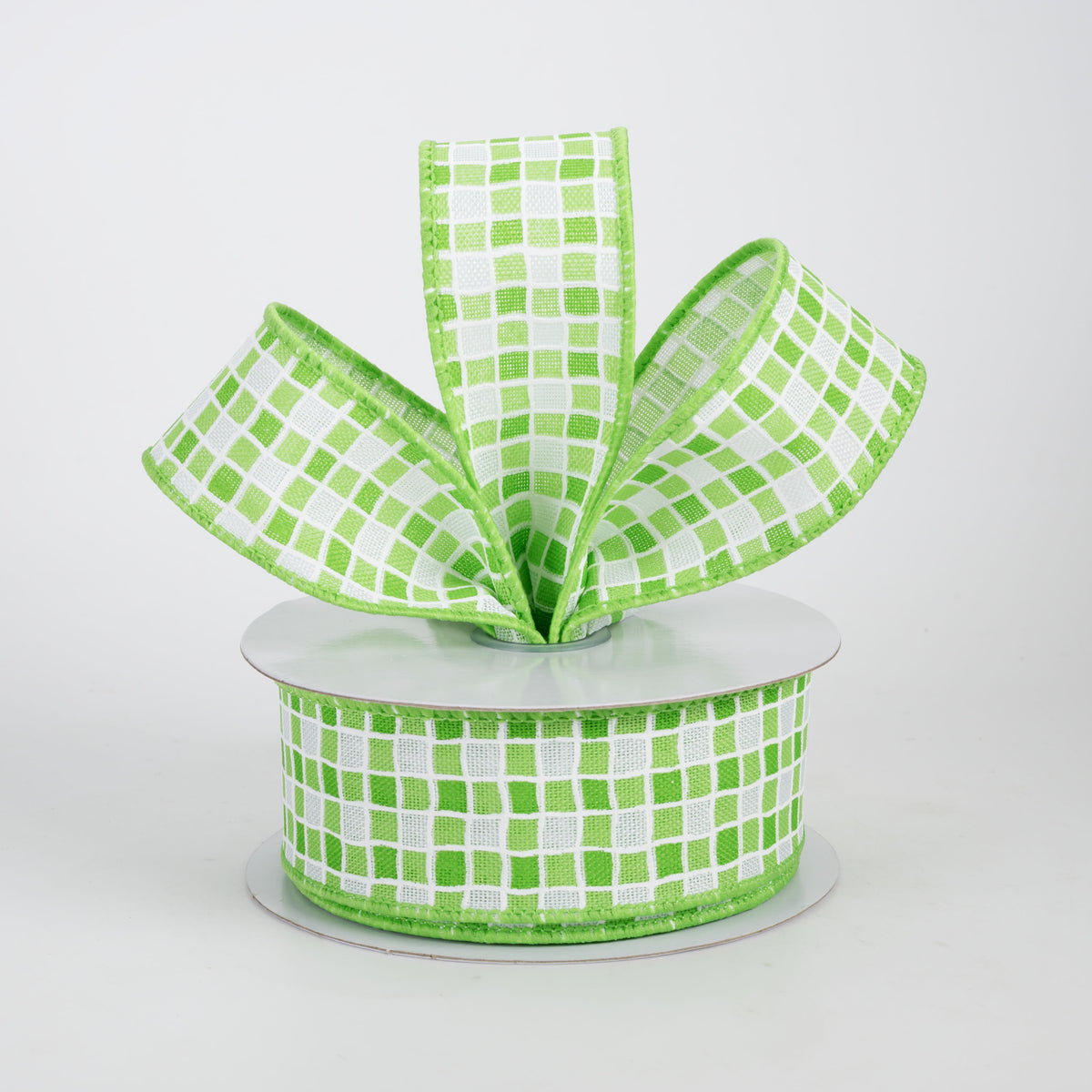 1.5" Small Check Raised Lines Ribbon: Greens & White (10 Yards)