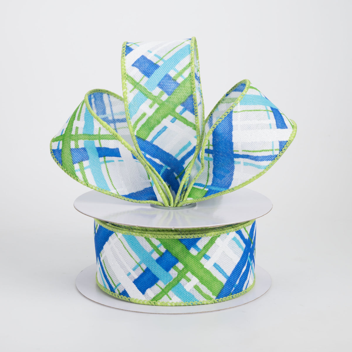 1.5" Diagonal Painted Plaid Ribbon: White, Blues, Green (10 Yards)