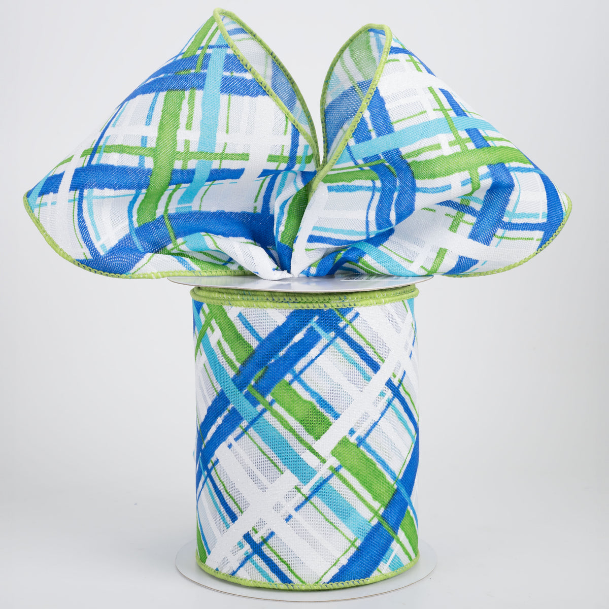 4" Diagonal Painted Plaid Ribbon: White, Blues, Green (10 Yards)