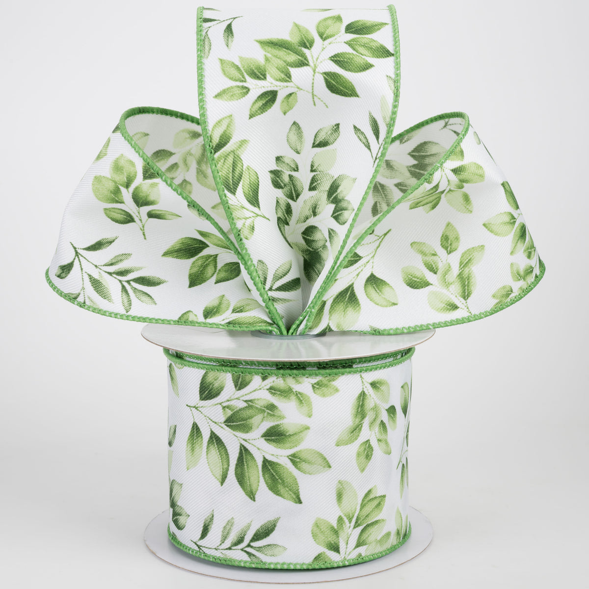 2.5" Greenery Leaves Ribbon: Greens on White (10 Yards)