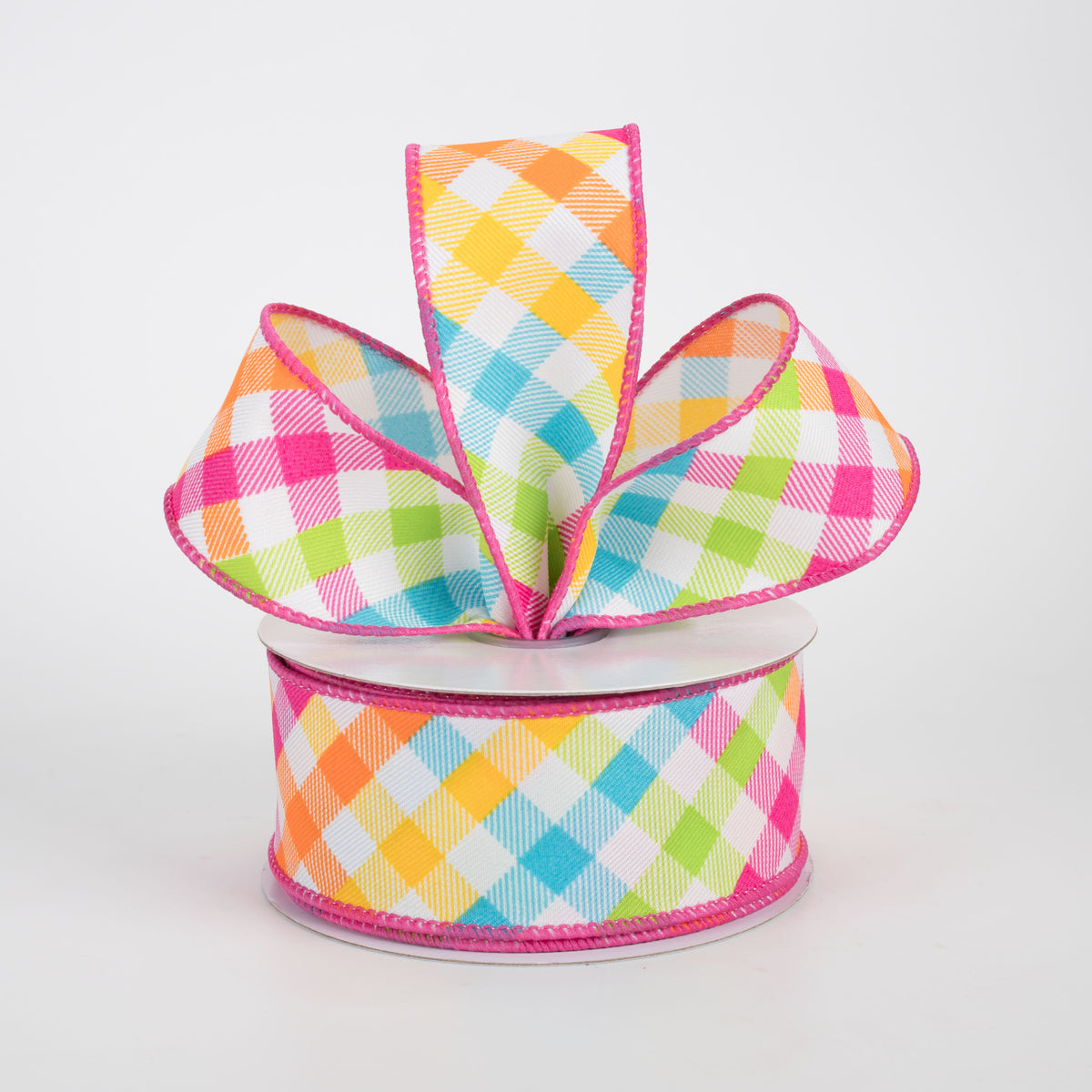 1.5" Multicolor Plaid on Diagonal Weave Ribbon: Neon Brights (10 Yards)