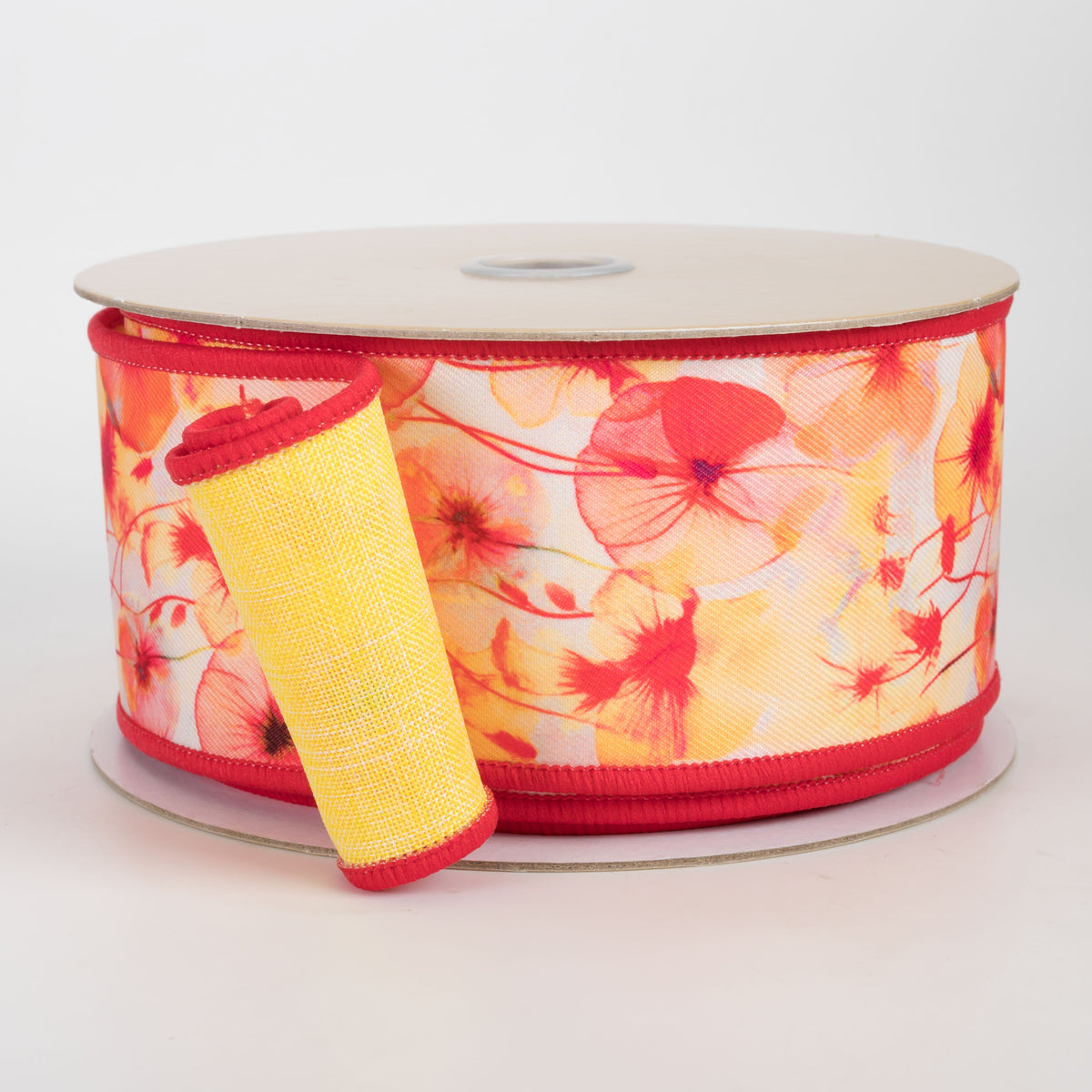 2.5" Double Sided Fused X-Ray Poppy Flowers Ribbon: Red & Yellow (10 Yards)