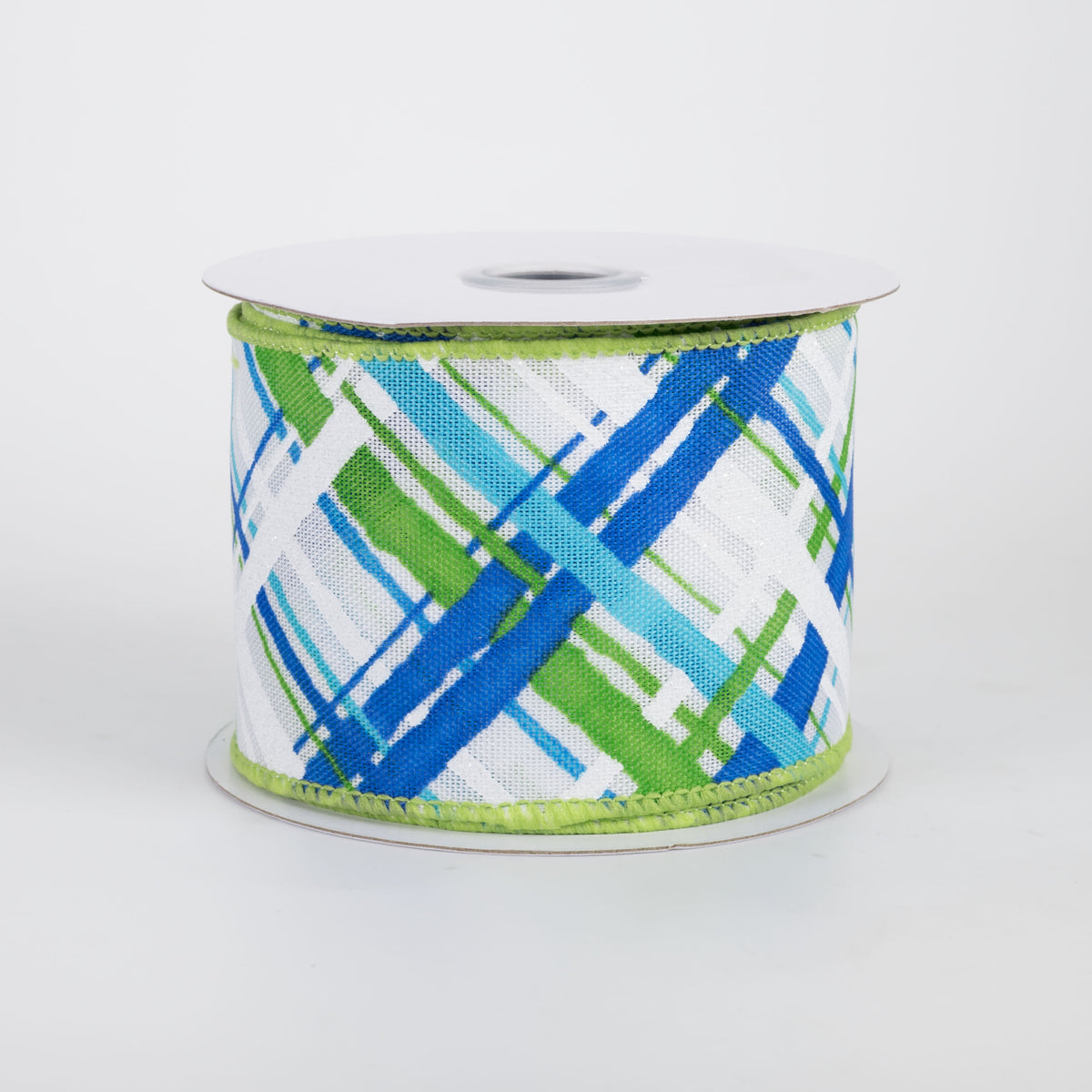 2.5" Diagonal Painted Plaid Ribbon: White, Blues, Green (10 Yards)