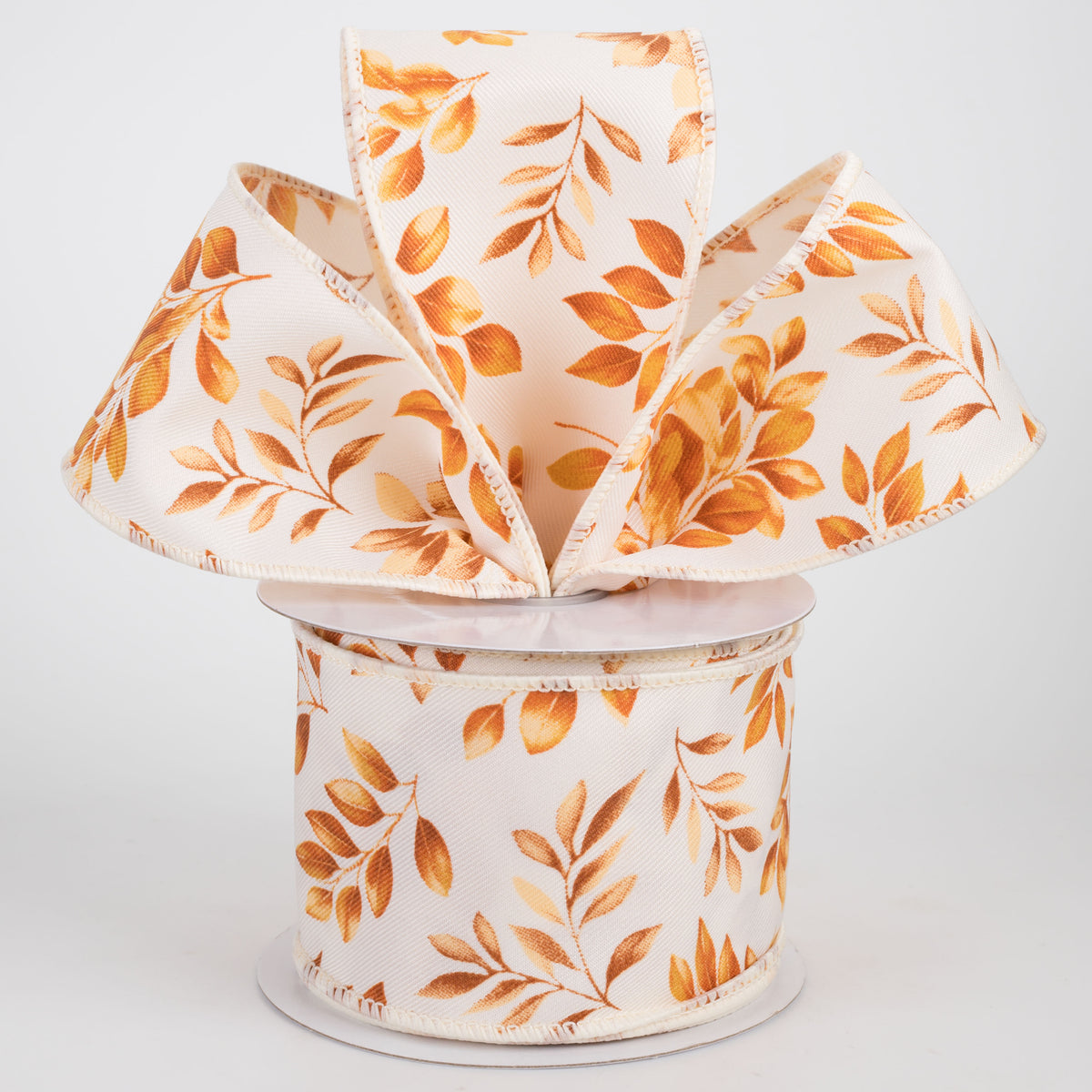 2.5" Greenery Leaves Ribbon: Brown & Orange on Ivory (10 Yards)