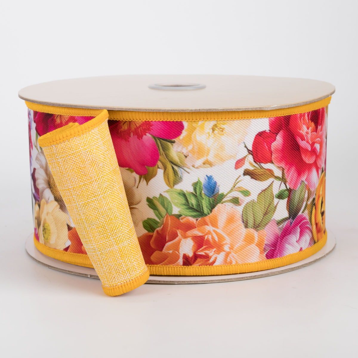 2.5" Double Sided Fused Mixed Garden Florals Ribbon: Yellow (10 Yards)