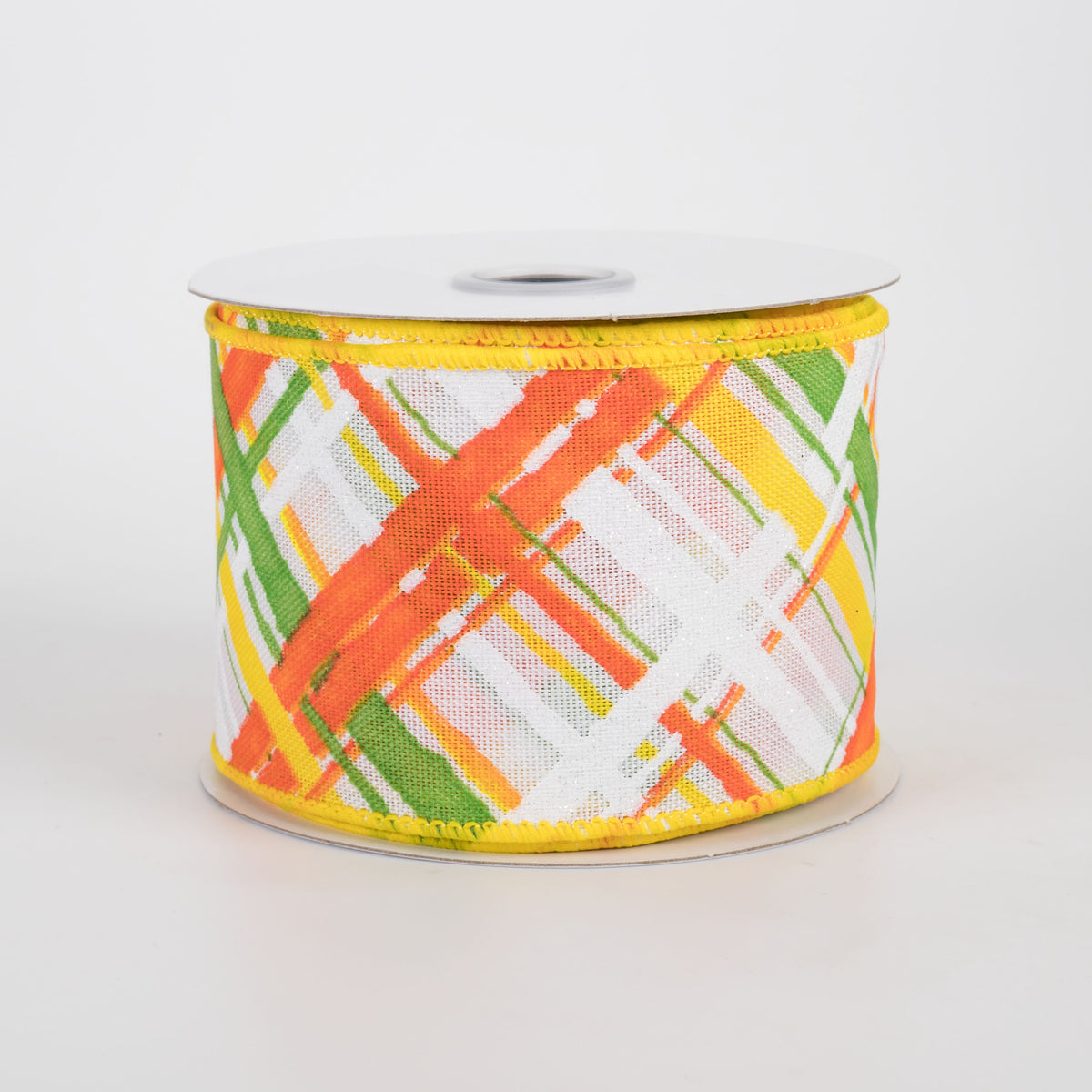 2.5" Diagonal Painted Plaid Ribbon: White, Orange, Green, Yellow (10 Yards)