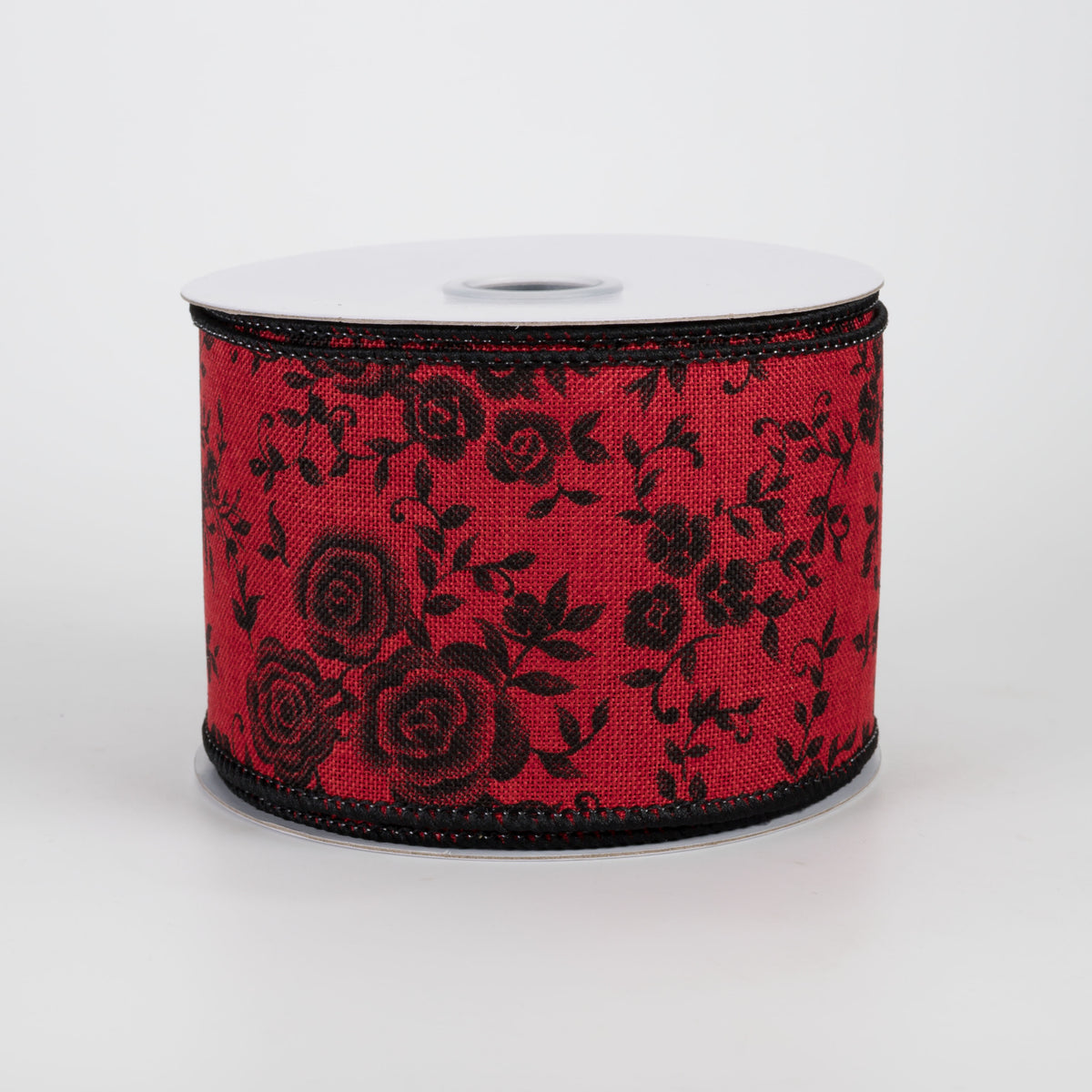 2.5" Mini Roses Floral Ribbon: Black on Red (10 Yards)