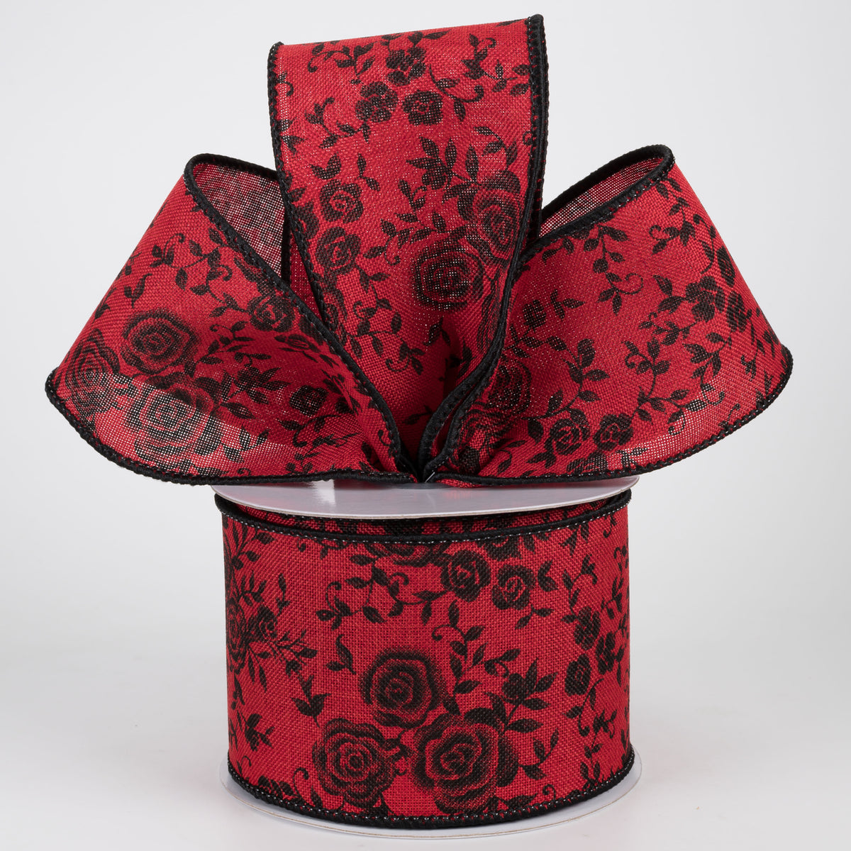 2.5" Mini Roses Floral Ribbon: Black on Red (10 Yards)
