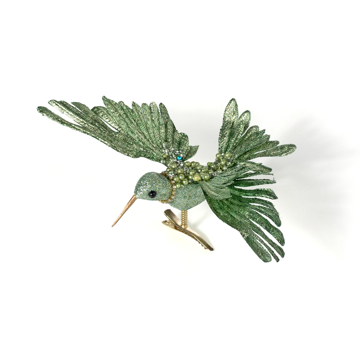 8" Glittered & Jeweled Hummingbird Clip Ornament: Mint Green