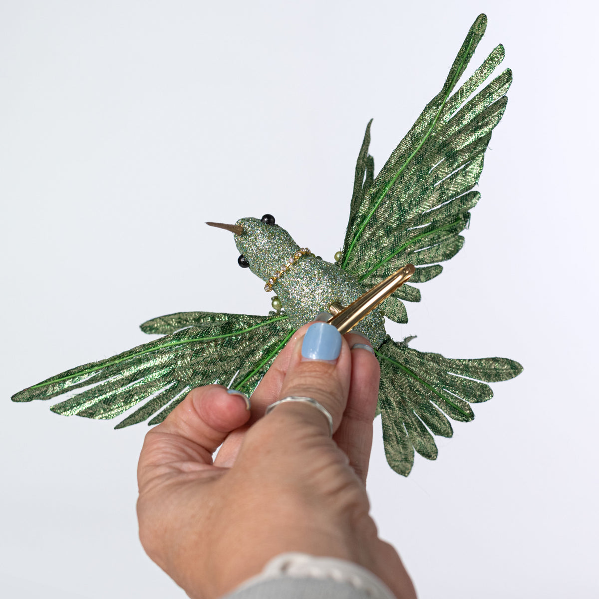 8" Glittered & Jeweled Hummingbird Clip Ornament: Mint Green