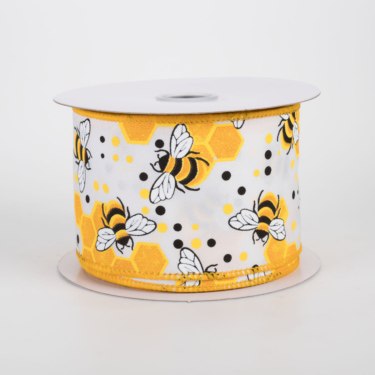 2.5" Bumblebees & Honeycomb Ribbon: White (10 Yards)
