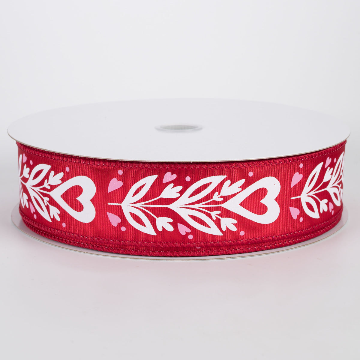 1.5" Satin Flower Hearts Ribbon: Pink & White on Red (50 Yards)