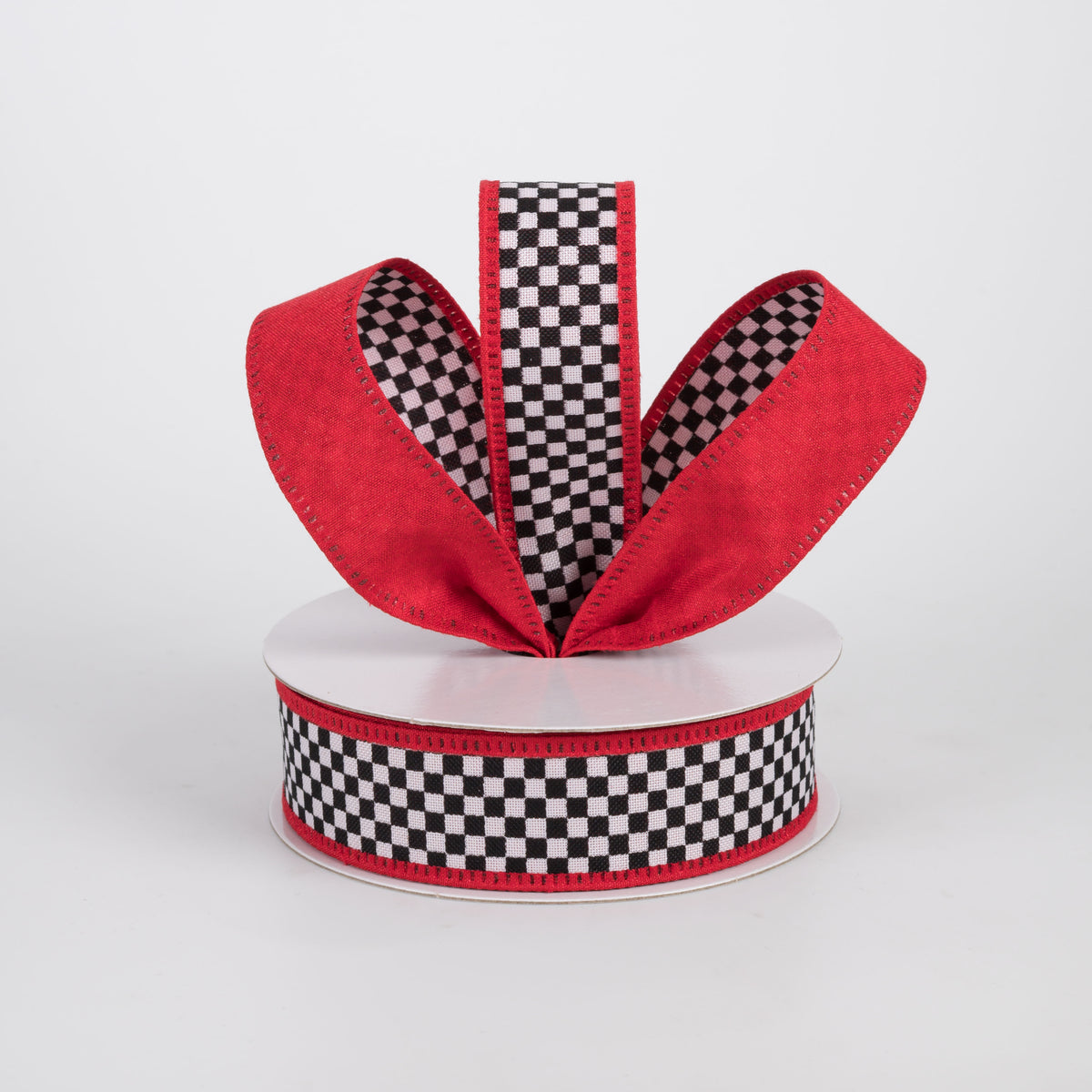 1" Double Sided Black & White Check & Dupioni Ribbon: Red (10 Yards)