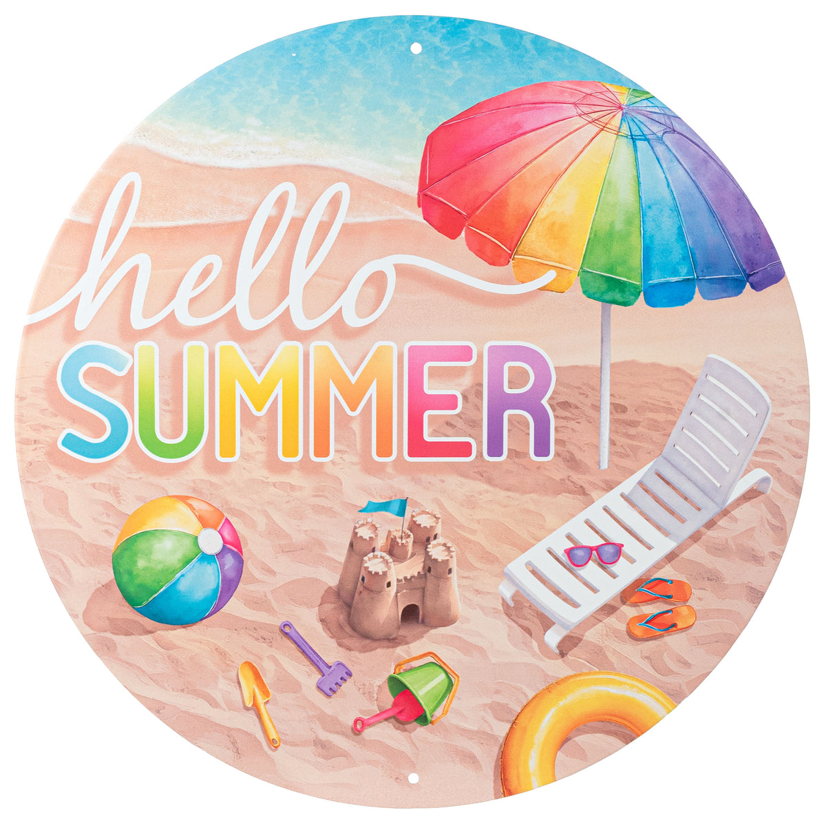 12" Round Metal Sign: Hello Summer Beach