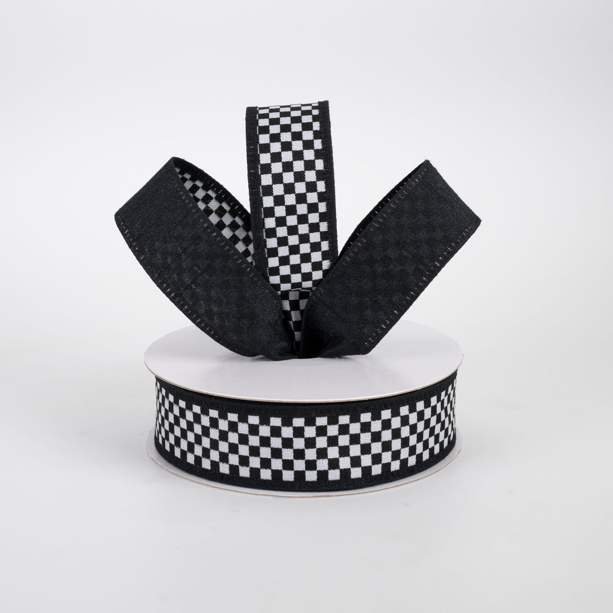 1" Double Sided Black & White Check & Dupioni Ribbon: Black (10 Yards)