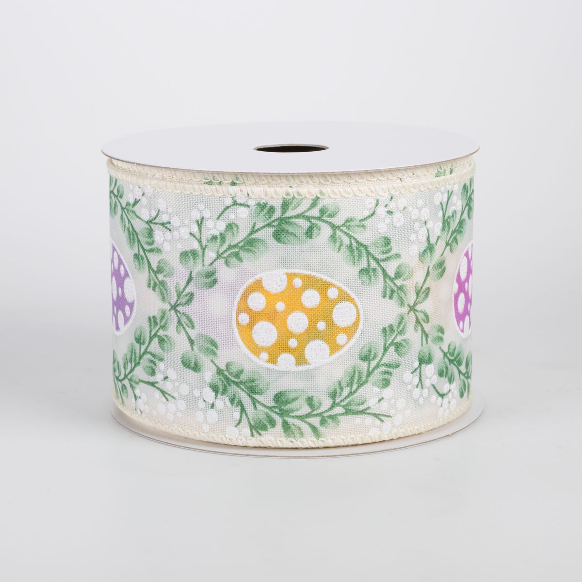 2.5" Satin Eucalyptus Trellis & Easter Eggs Ribbon: Ivory (10 Yards)