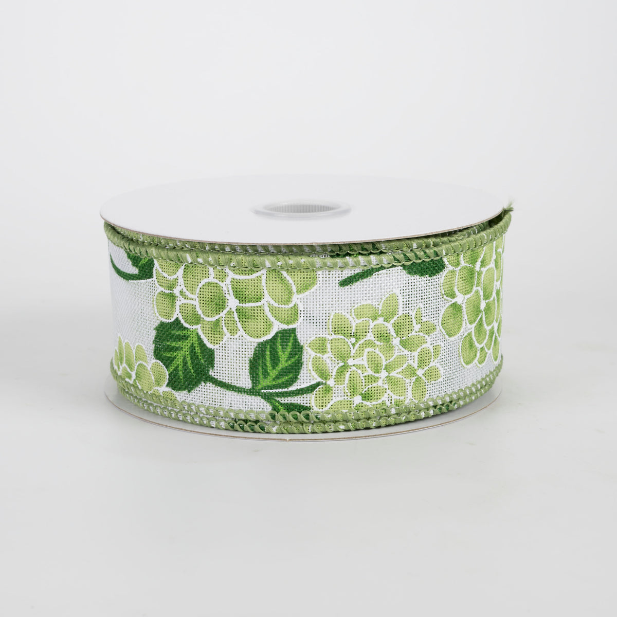 1.5" Linen Hydrangea Ribbon: Green on Ivory (10 Yards)