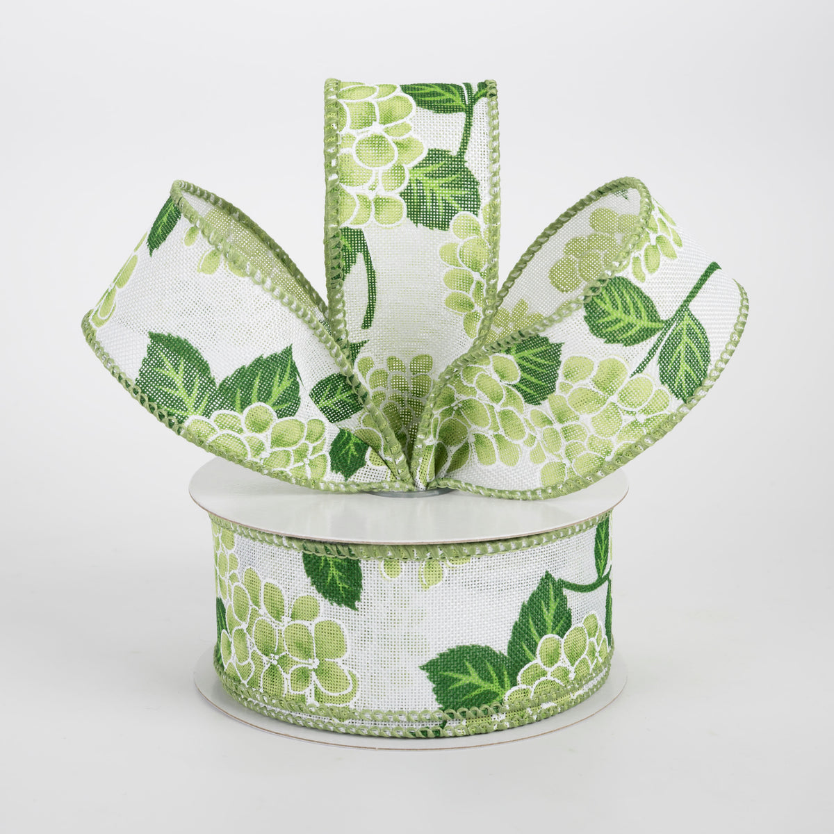 1.5" Linen Hydrangea Ribbon: Green on Ivory (10 Yards)