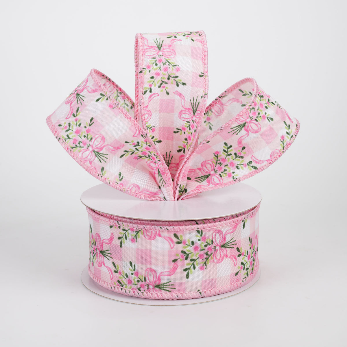 1.5" Satin Flower Bow Bouquet Ribbon: White & Pink (10 Yards)