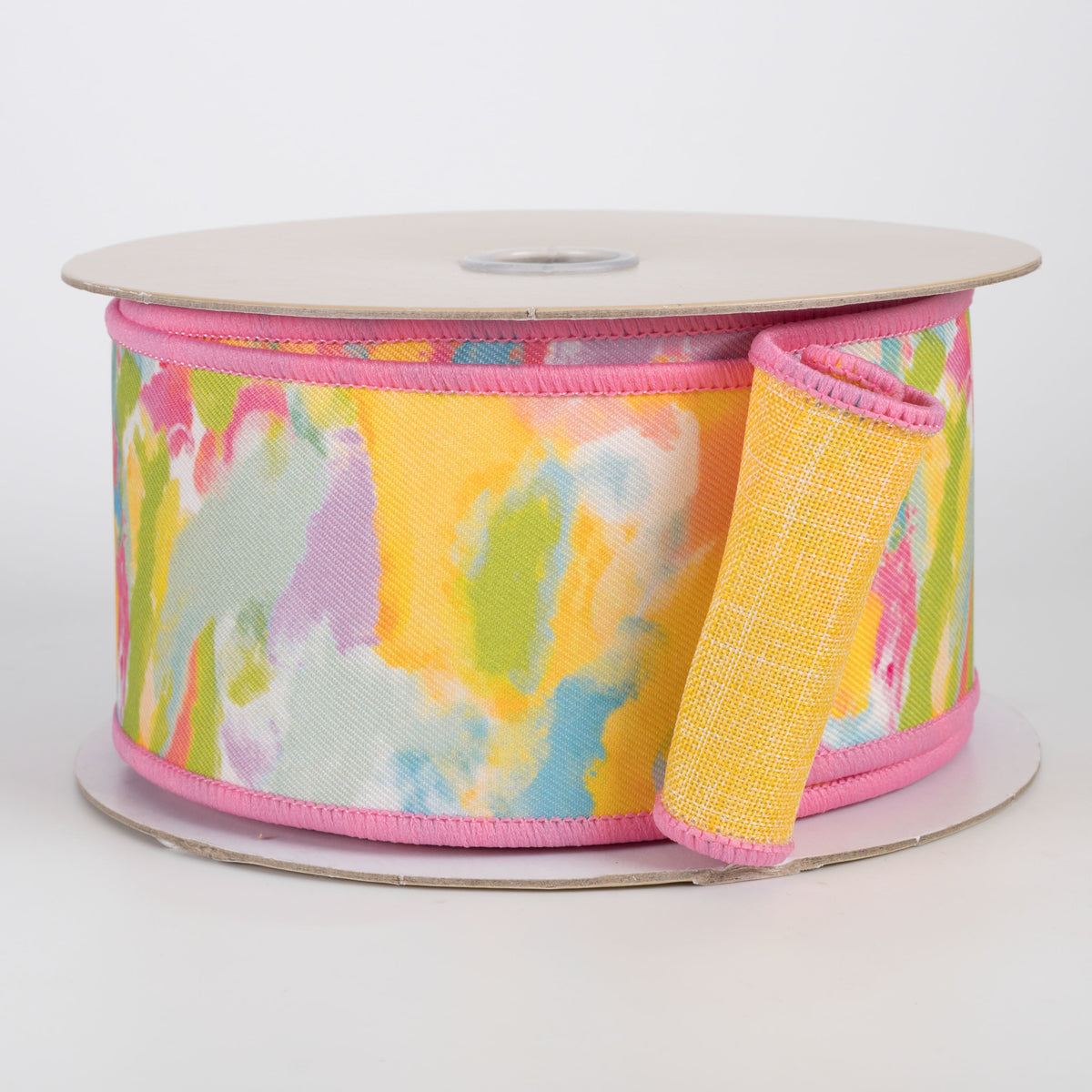 2.5" Double Sided Fused Abstract Paint Ribbon: Pink & Yellow (10 Yards)