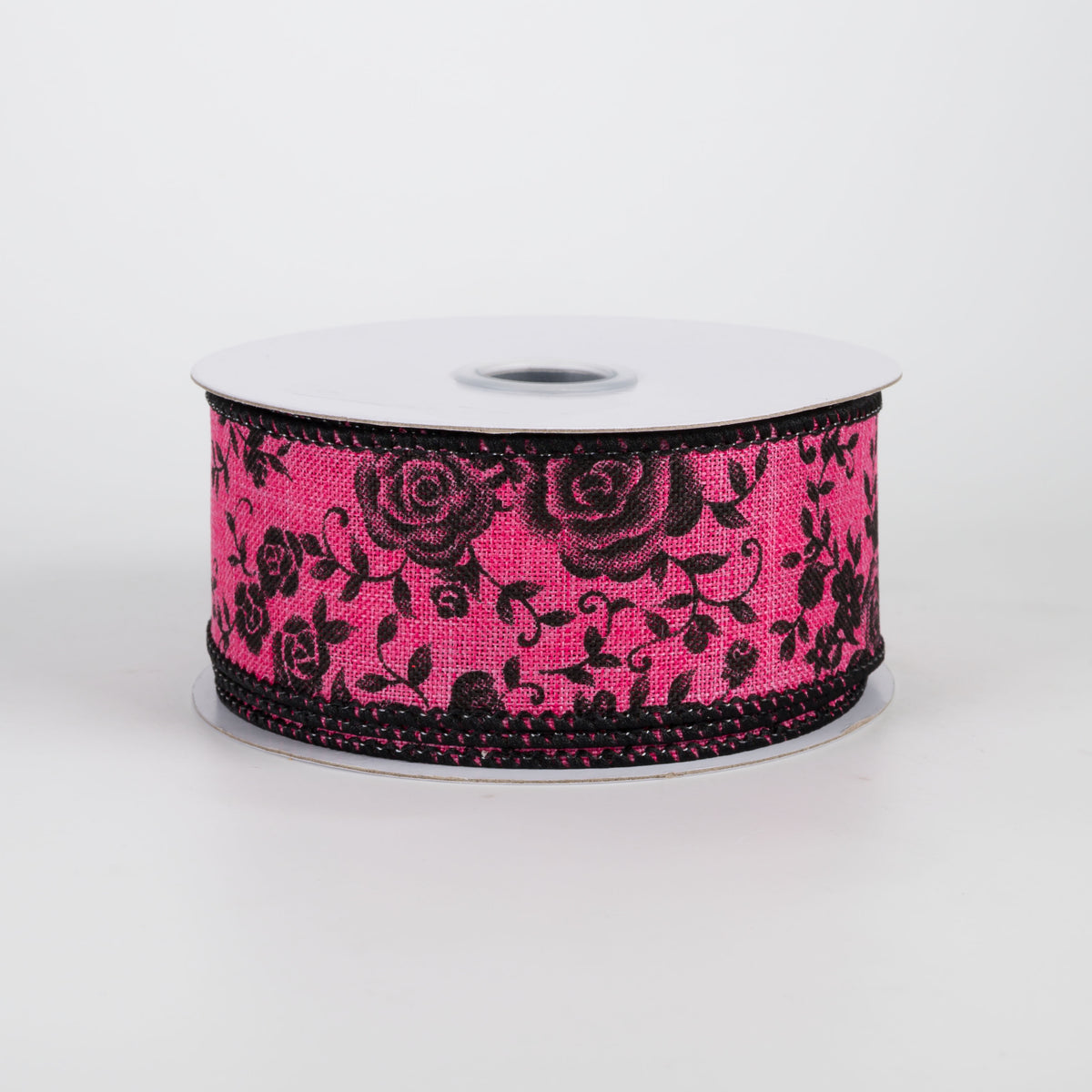 1.5" Mini Roses Floral Ribbon: Black on Hot Pink (10 Yards)