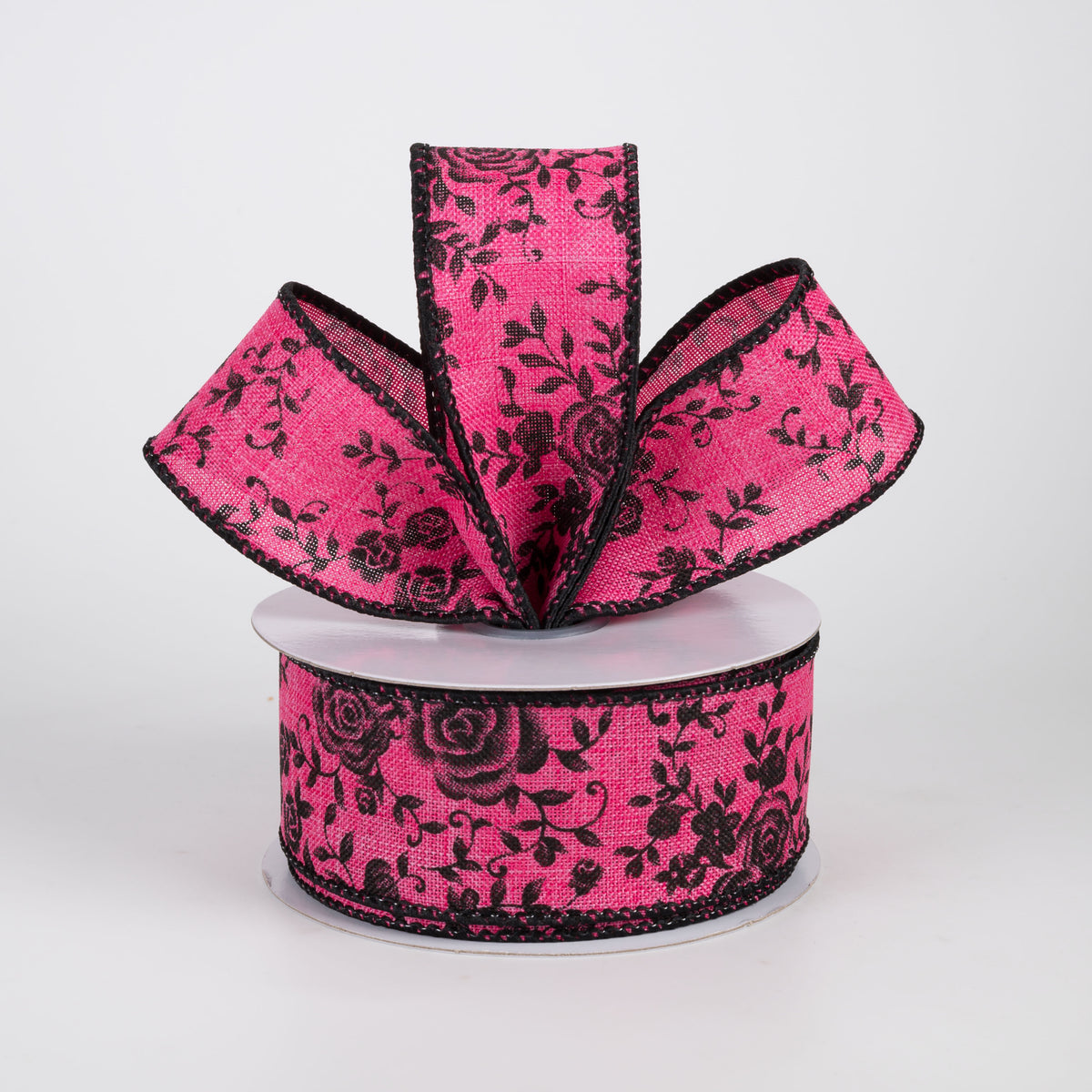 1.5" Mini Roses Floral Ribbon: Black on Hot Pink (10 Yards)