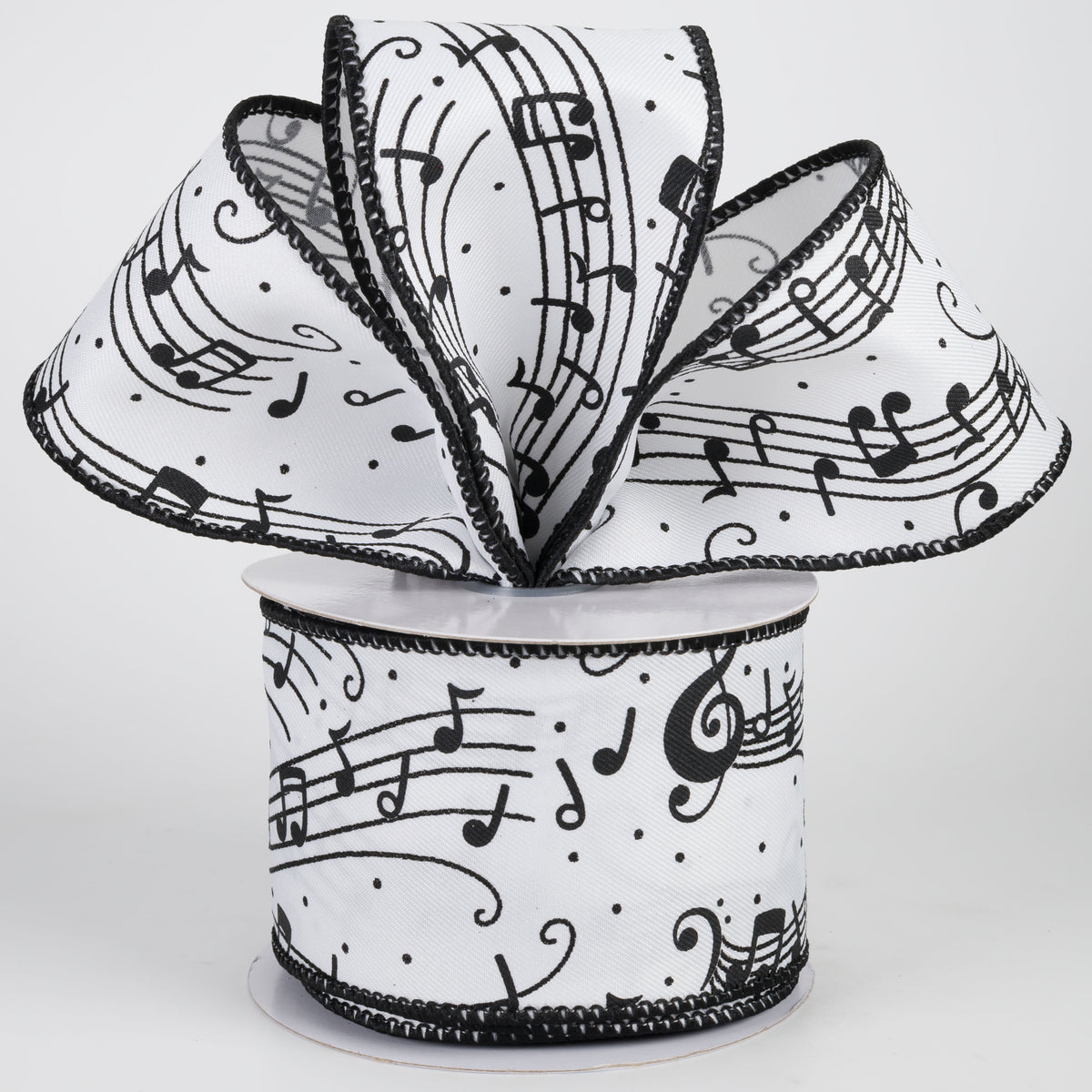 2.5" Music Notes & Staff Ribbon: Black on White (10 Yards)