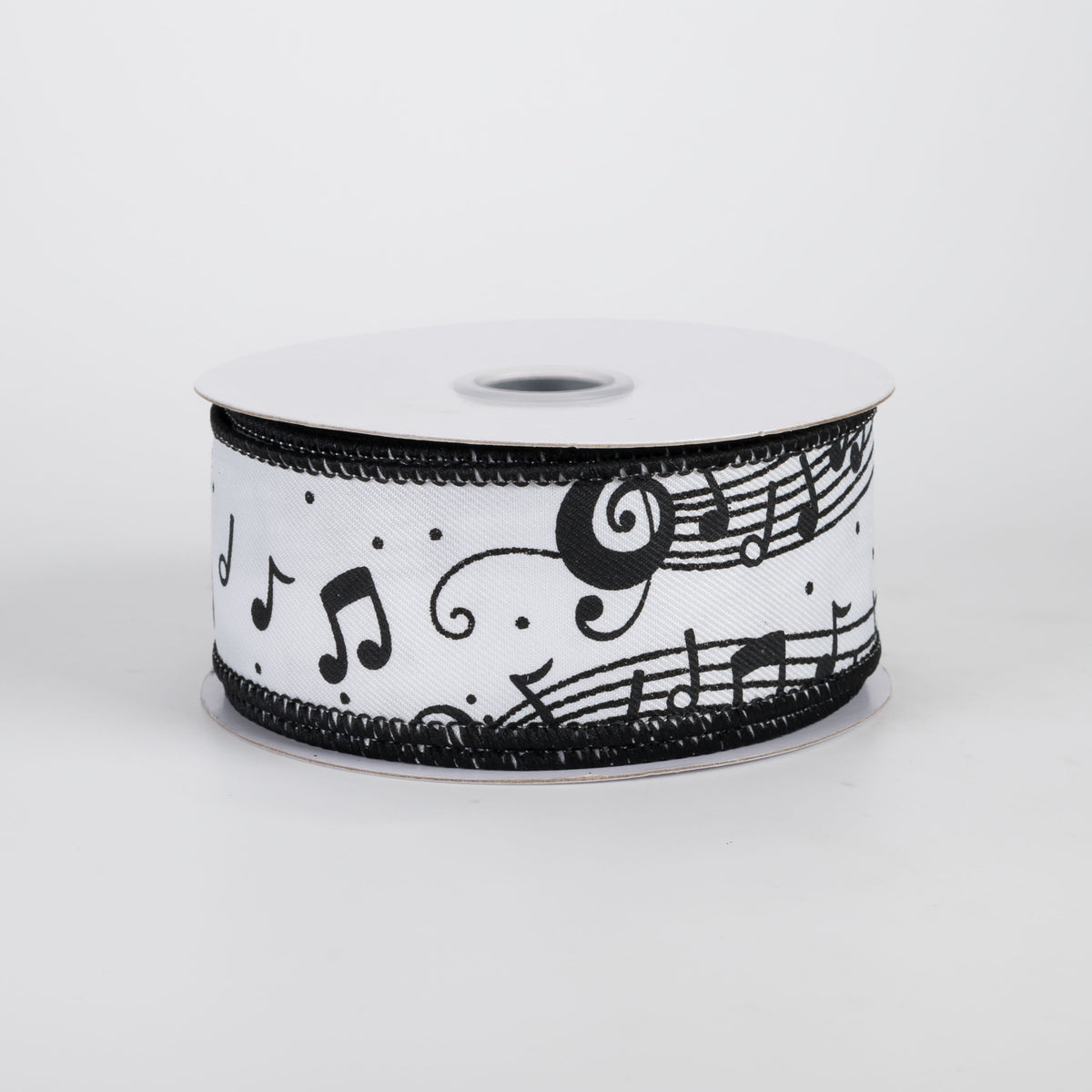 1.5" Music Notes & Staff Ribbon: Black on White (10 Yards)