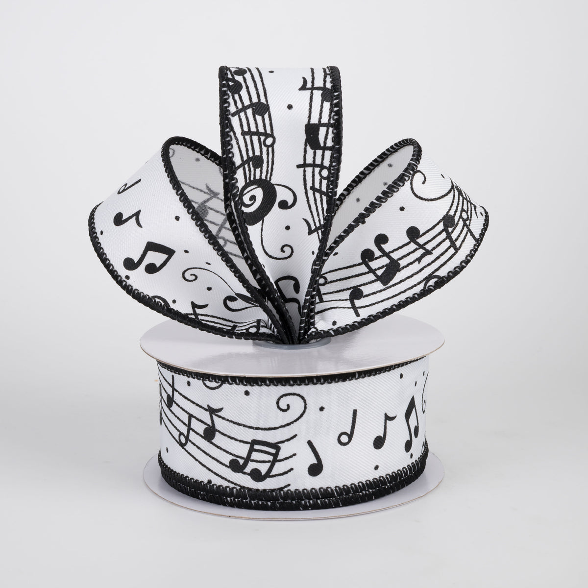 1.5" Music Notes & Staff Ribbon: Black on White (10 Yards)