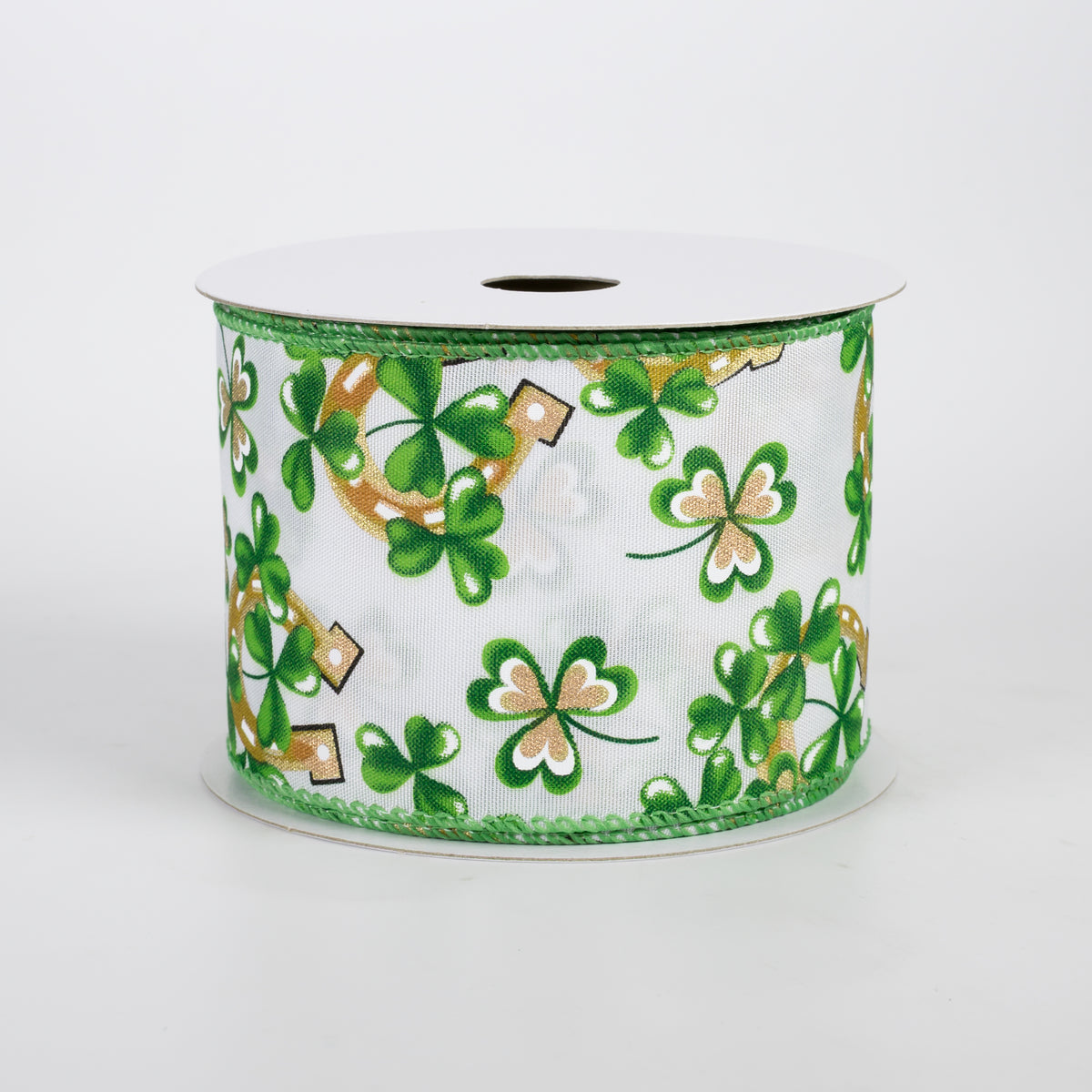 2.5" Satin Shamrocks & Horsehoes Ribbon: White (10 Yards)