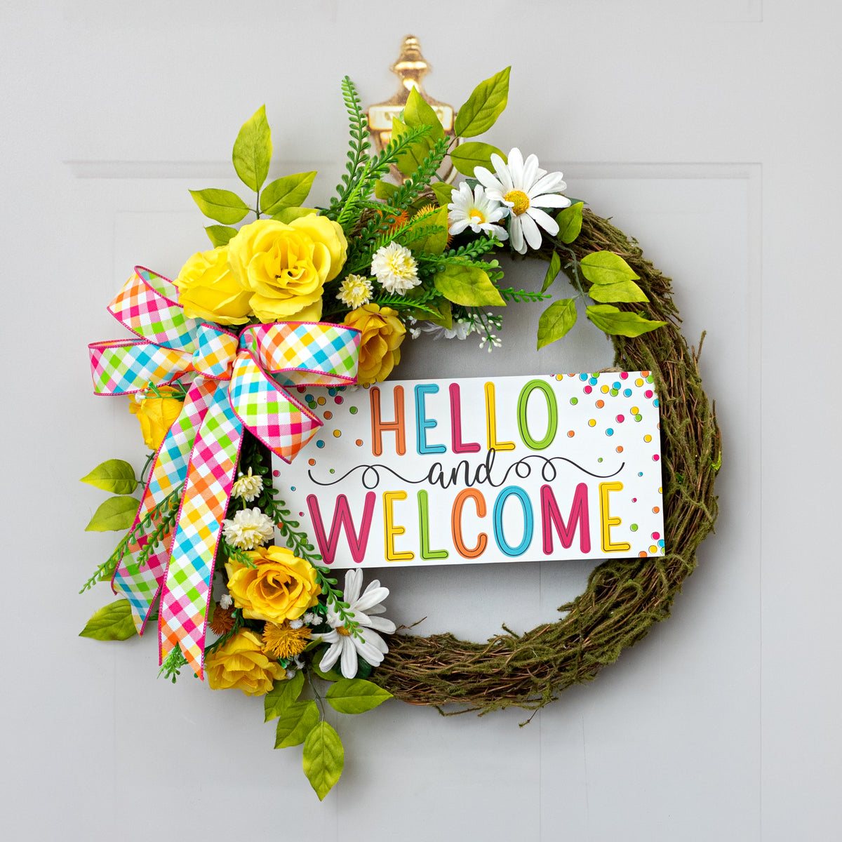 12" Wooden Sign: Hello and Welcome Polka Dots