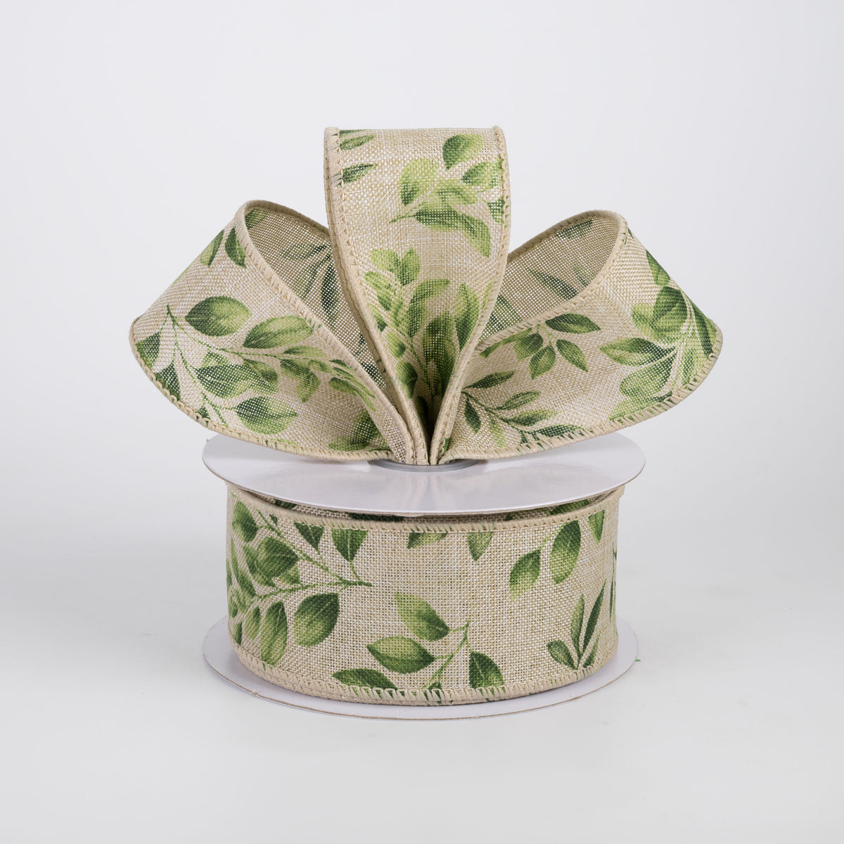 1.5" Greenery Leaves Ribbon: Greens on Natural (10 Yards)