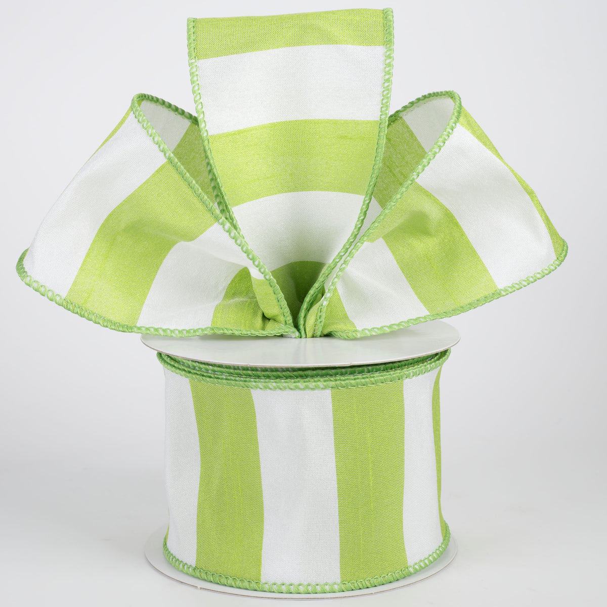 2.5" Dupioni Horizontal Stripes Ribbon: Lime & White (10 Yards)