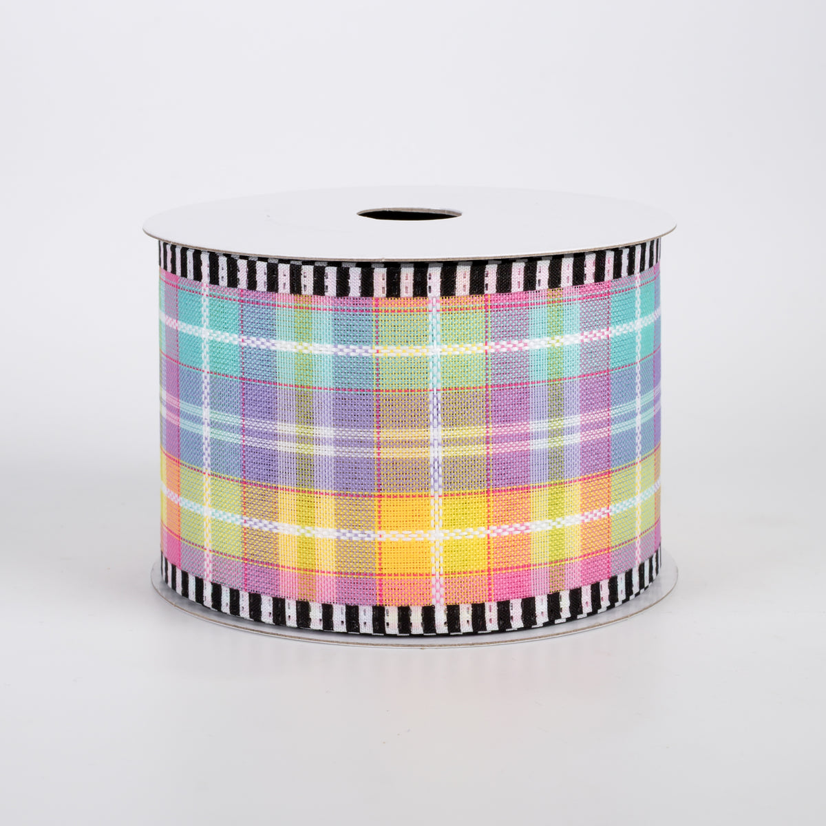 2.5" Kennedy Plaid B&W Stripe Edge Ribbon: Pastel (10 Yards)