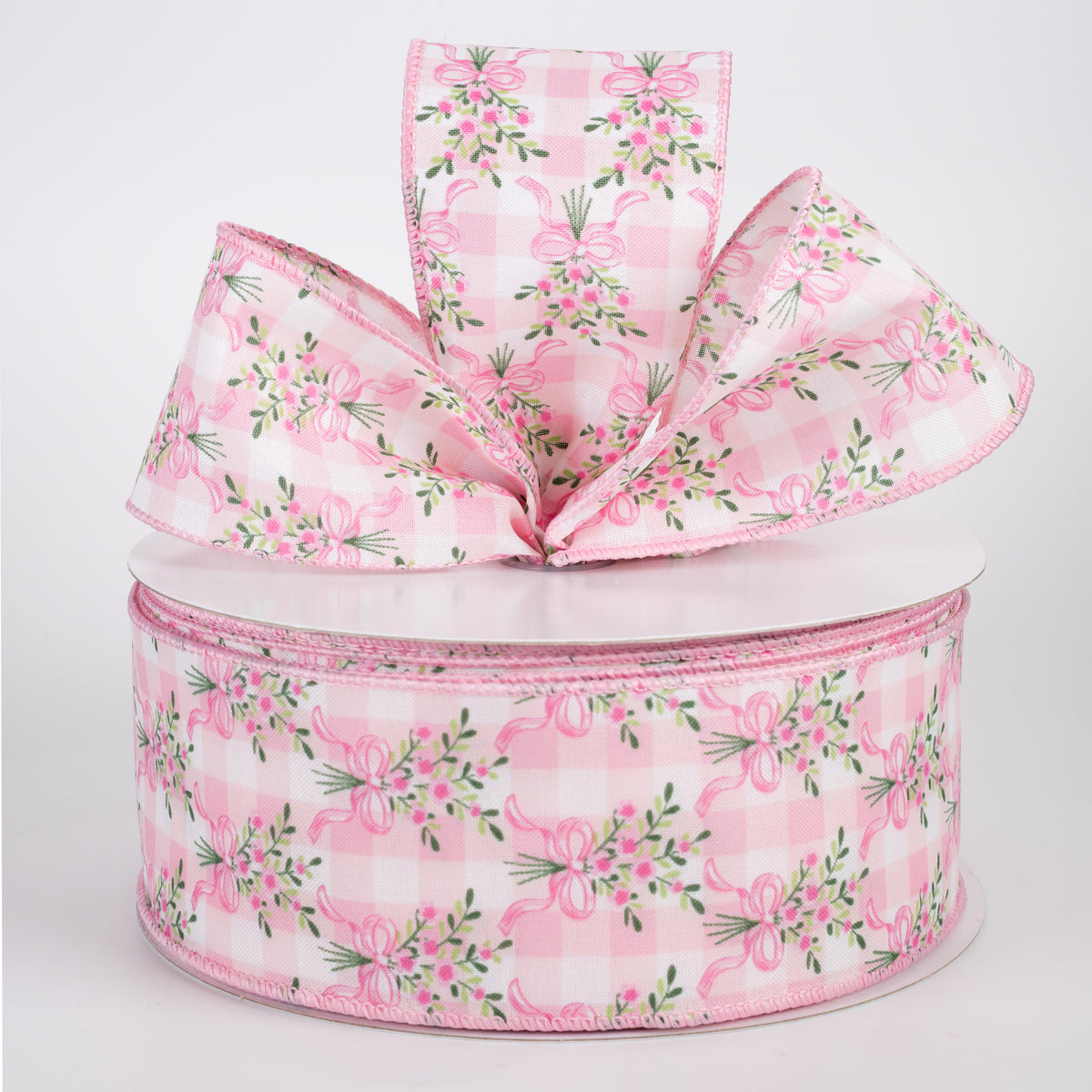 2.5" Satin Flower Bow Bouquet Ribbon: White & Pink (50 Yards)