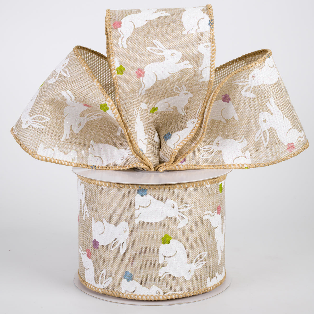2.5" Linen Glittered Jumping Bunnies Ribbon: Natural (10 Yards)