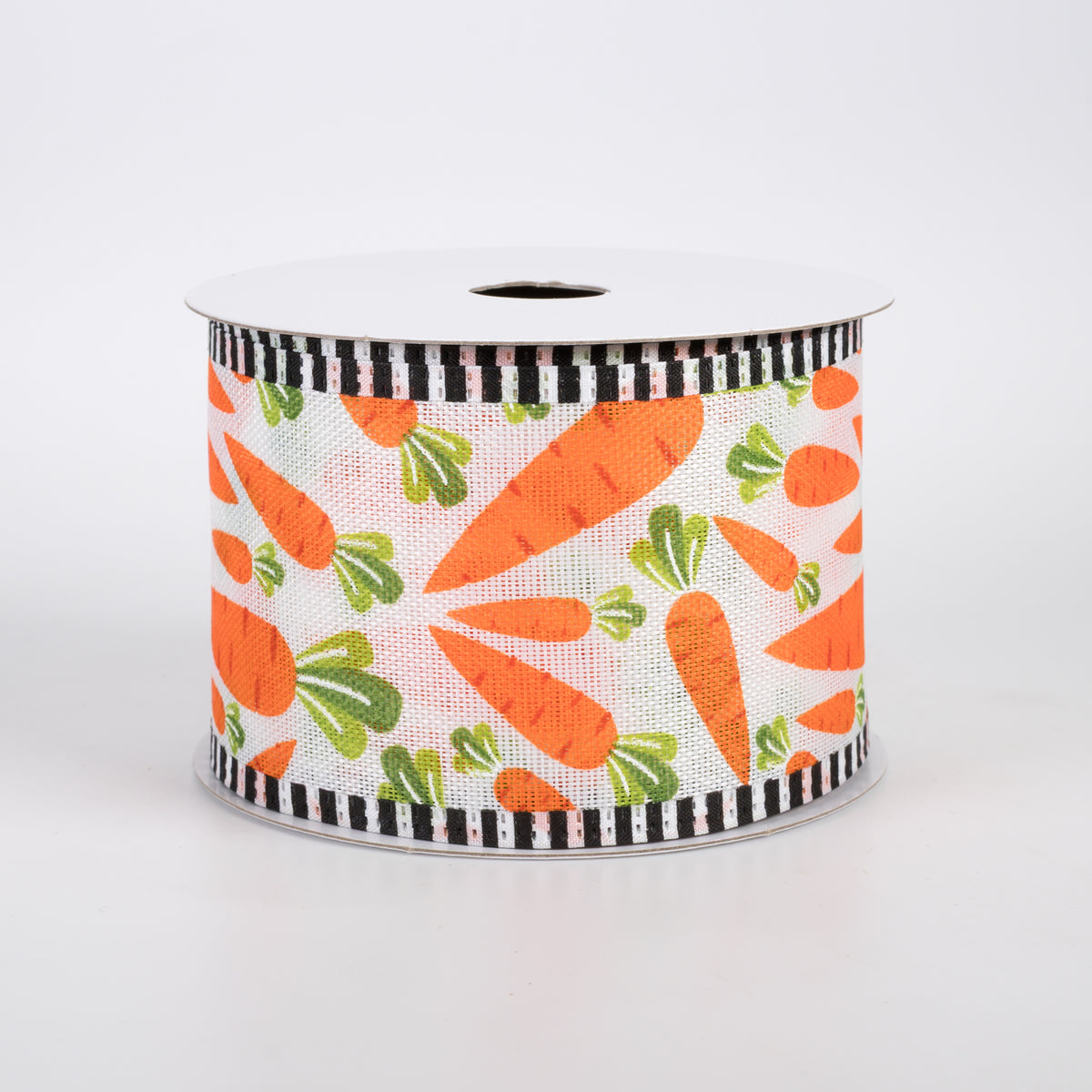 2.5" Linen Carrots B&W Stripe Edge Ribbon: White (10 Yards)
