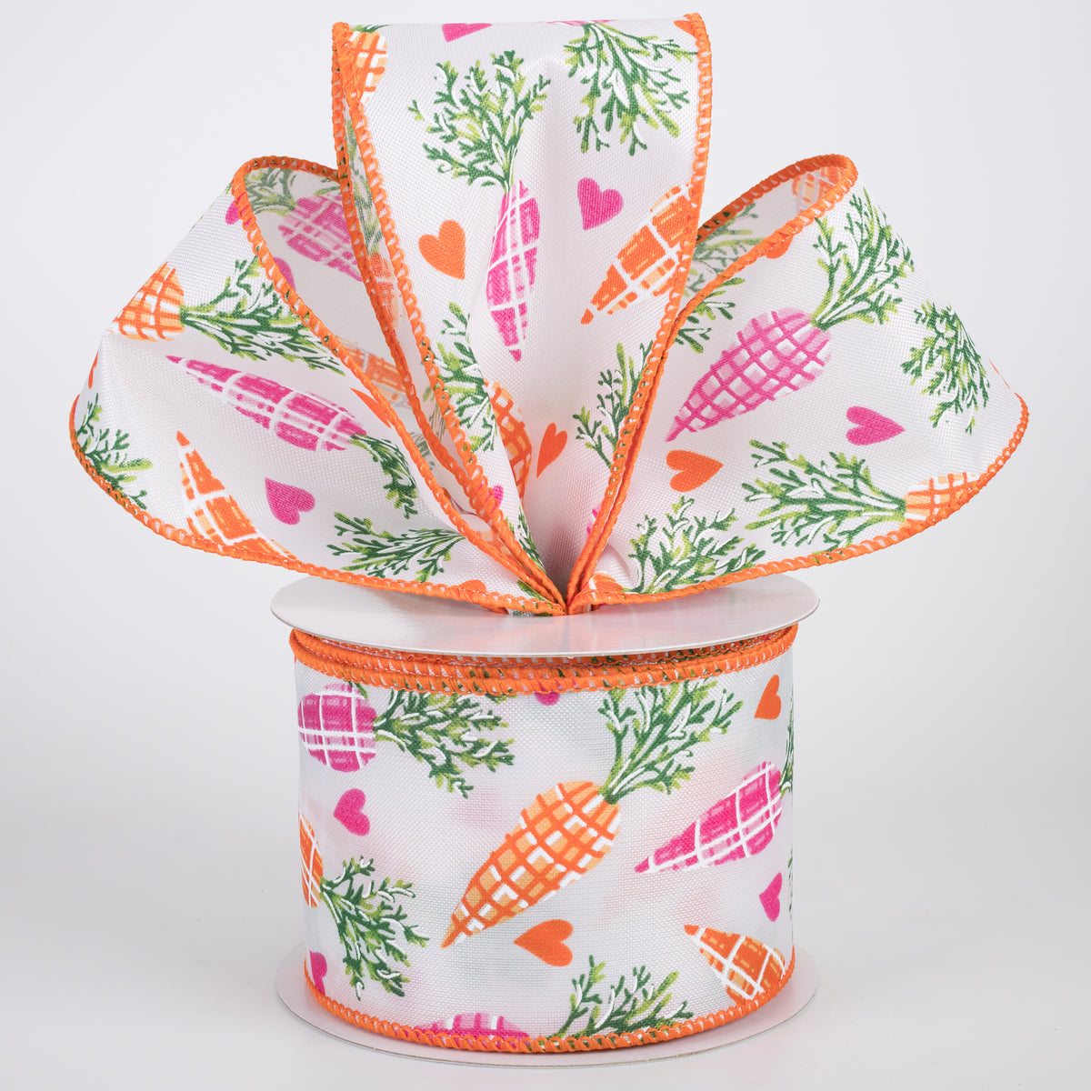 2.5" Satin Pink & Orange Plaid Carrots Ribbon: White (10 Yards)