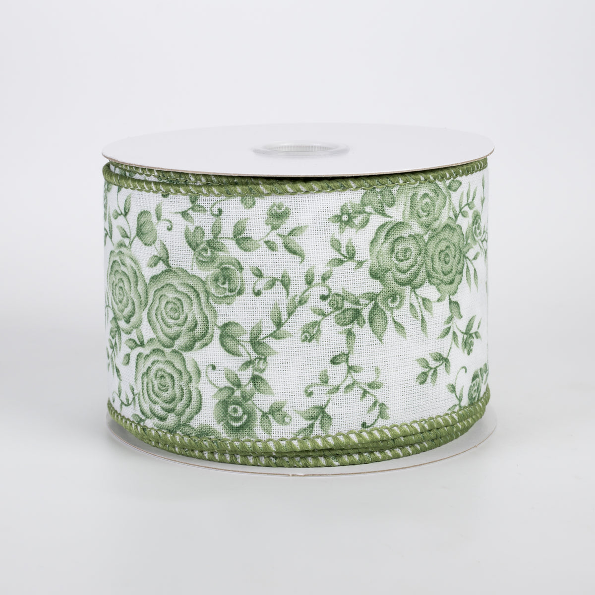 2.5" Muslin Linen Ombre Roses Ribbon: Sage on White (10 Yards)