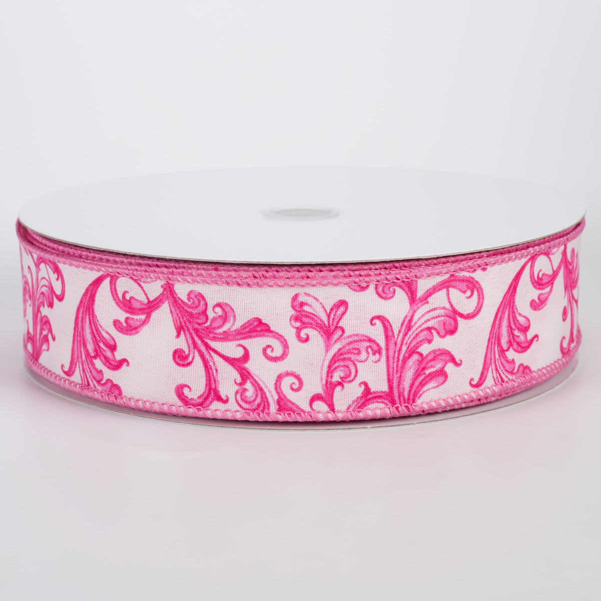 1.5" Satin Chinoiserie Swirls Ribbon: Hot Pink on White (50 Yards)