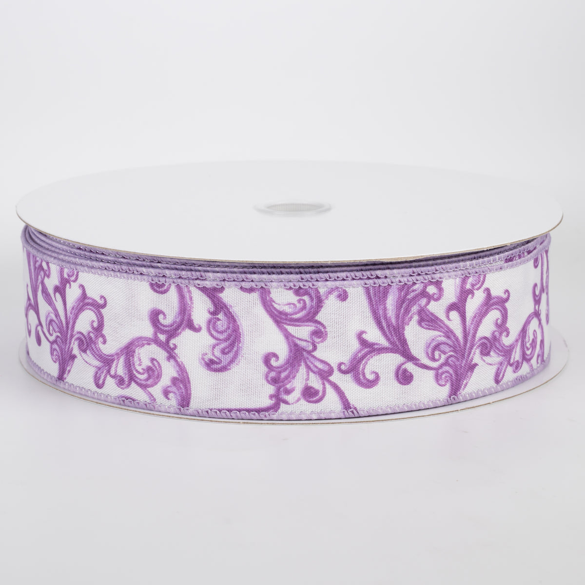 1.5" Satin Chinoiserie Swirls Ribbon: Lavender on White (50 Yards)