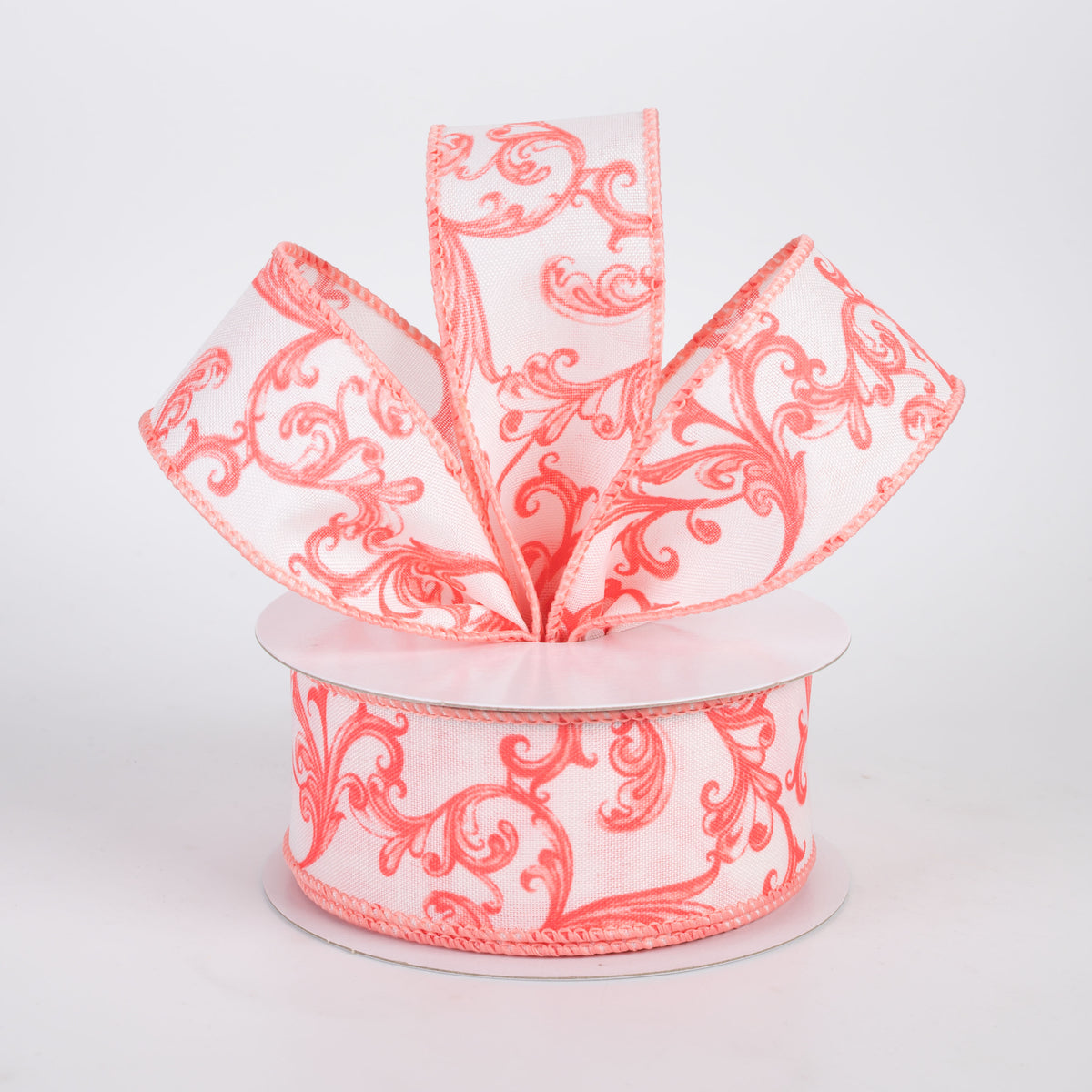 1.5" Satin Chinoiserie Swirls Ribbon: Coral on White (10 Yards)