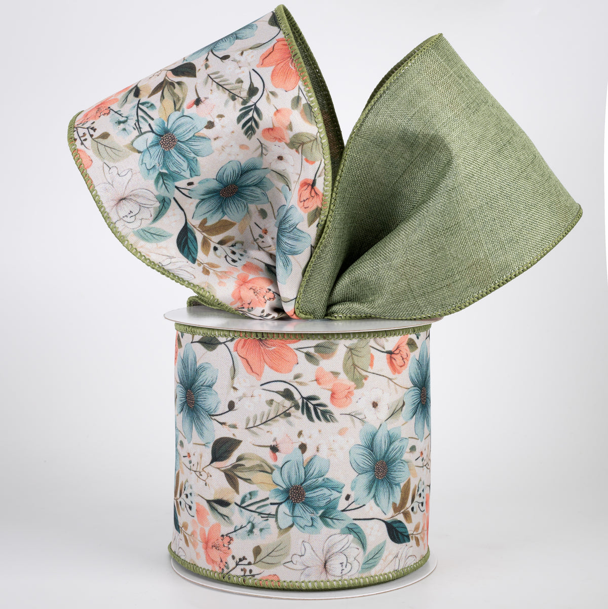 4" Double Sided Fused Dainty Flowers Ribbon: Sage Green (10 Yards)