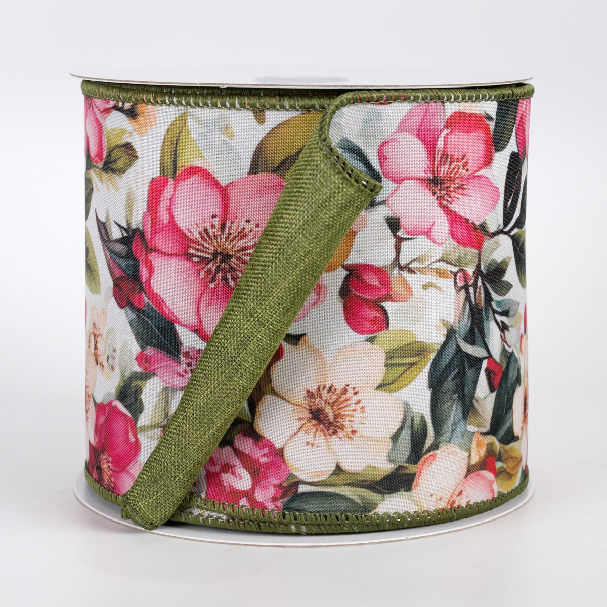 4" Double Sided Fused Linen Pink Magnolias Ribbon: Moss (10 Yards)
