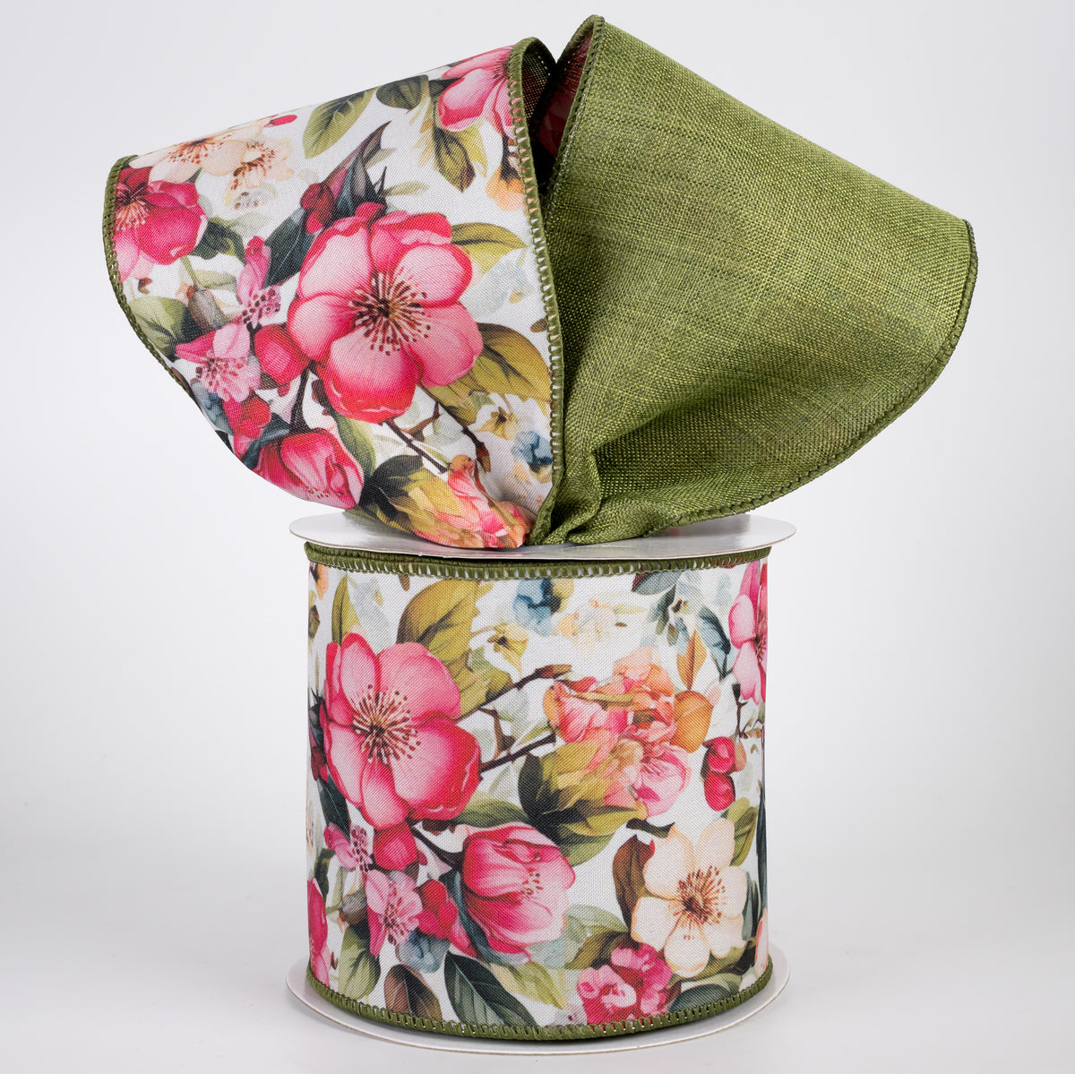 4" Double Sided Fused Linen Pink Magnolias Ribbon: Moss (10 Yards)