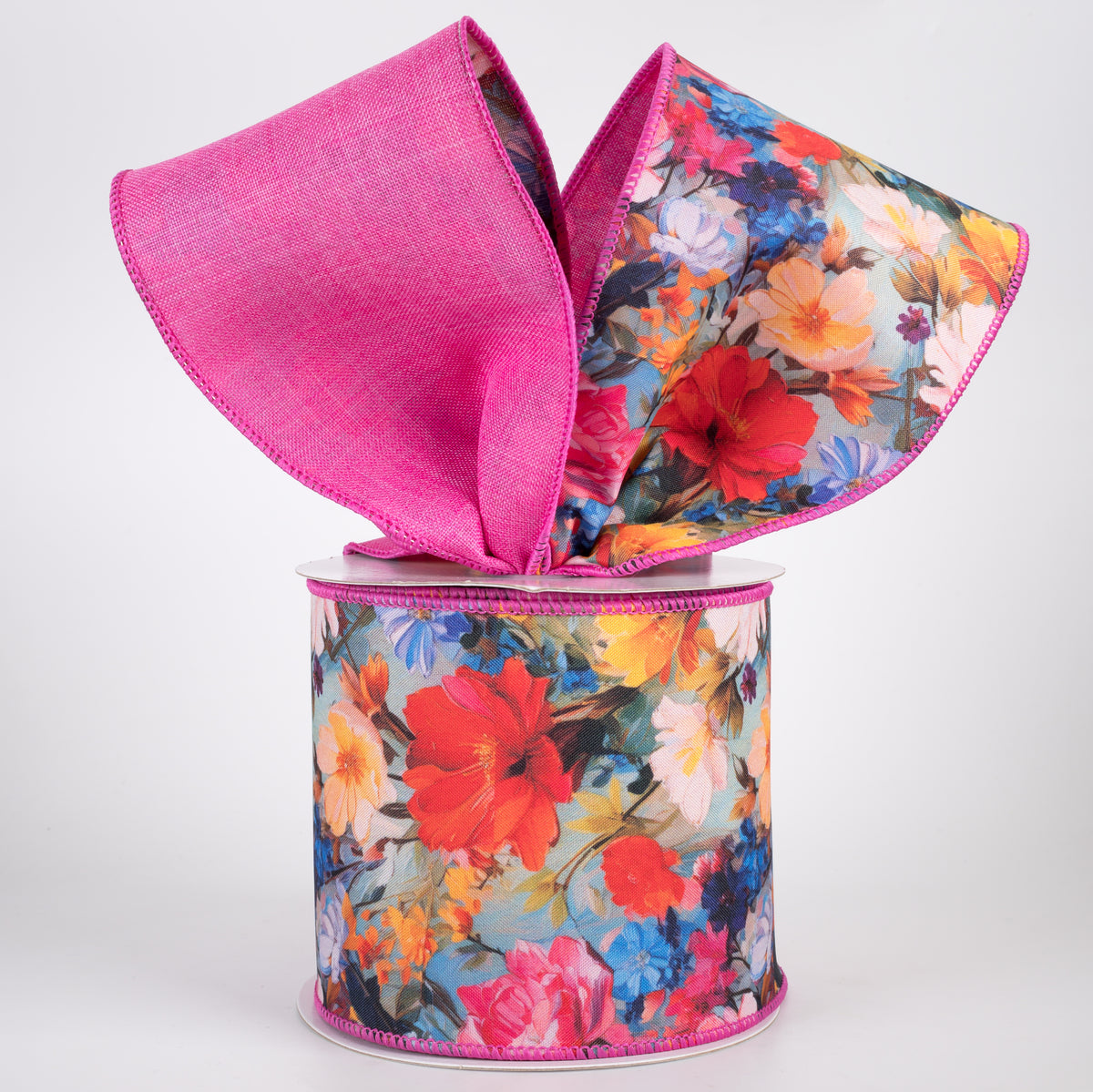 4" Double Sided Fused Oil Painting Flowers Ribbon: Fuchsia Pink (10 Yards)